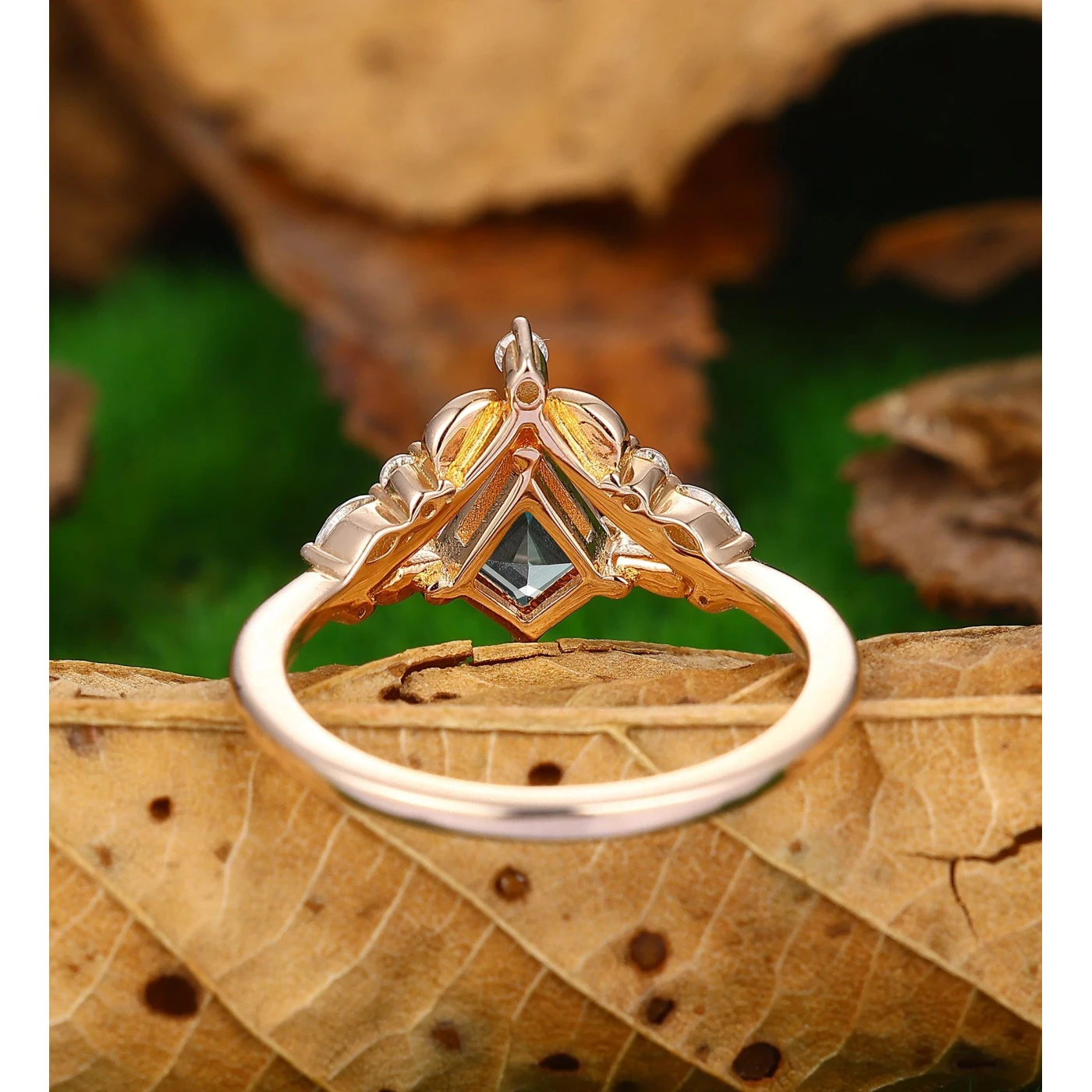 Kite Cut 14k Rose Gold Leaf Silver June Birthstone Unique Alexandrite Ring - view 4