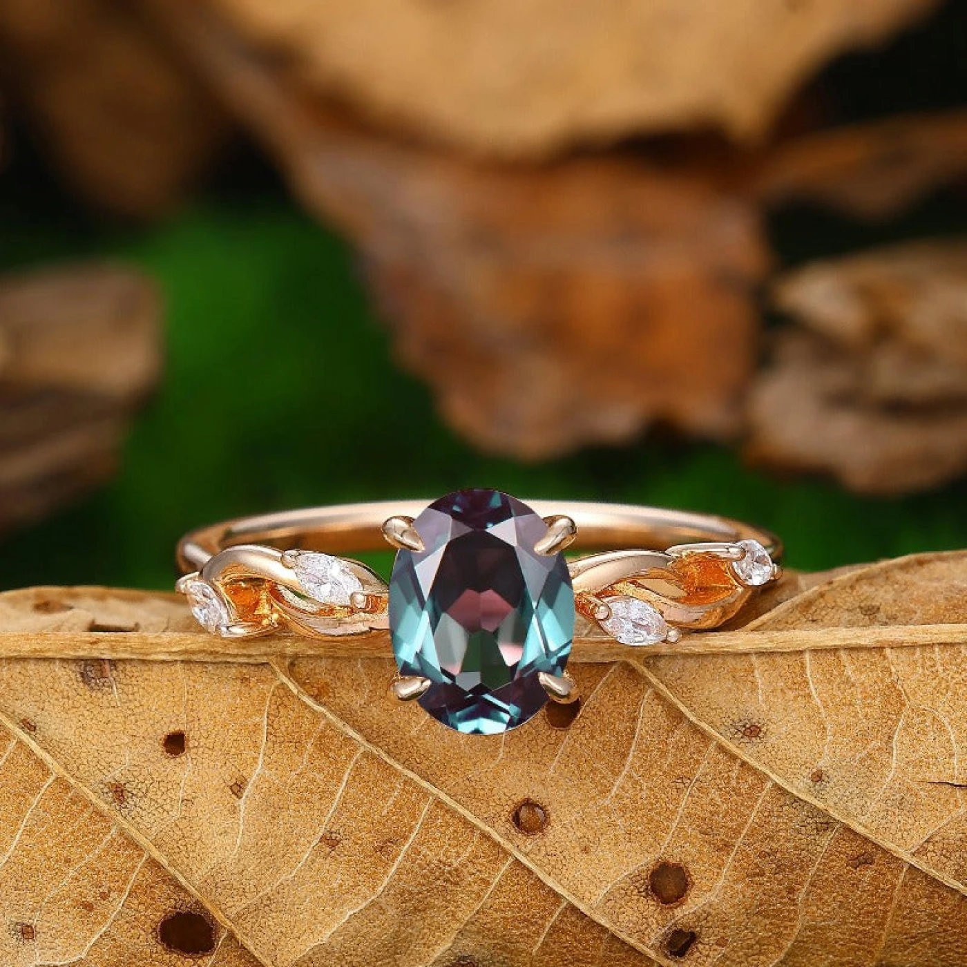 Oval Cut 1.5Carat 14k Rose Gold Twig Leaf Amethyst Alexandrite Moissanite Ring