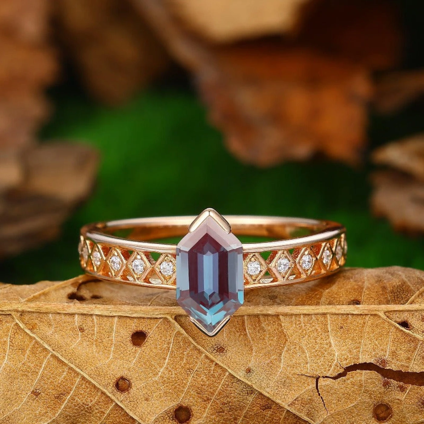 Long Hexagon Cut Rose Gold Silver Ring Minimalist Vintage