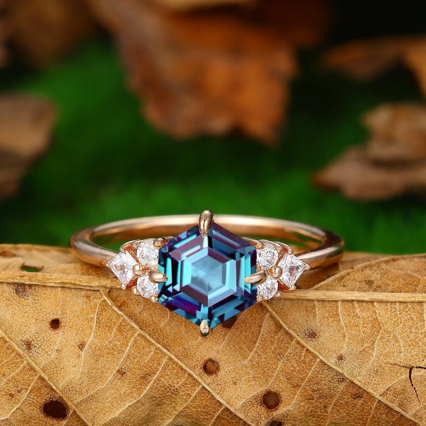 Alexandrite Ring 5x10mm Hexagon Shaped Alexandrite Engagement Wedding Ring
