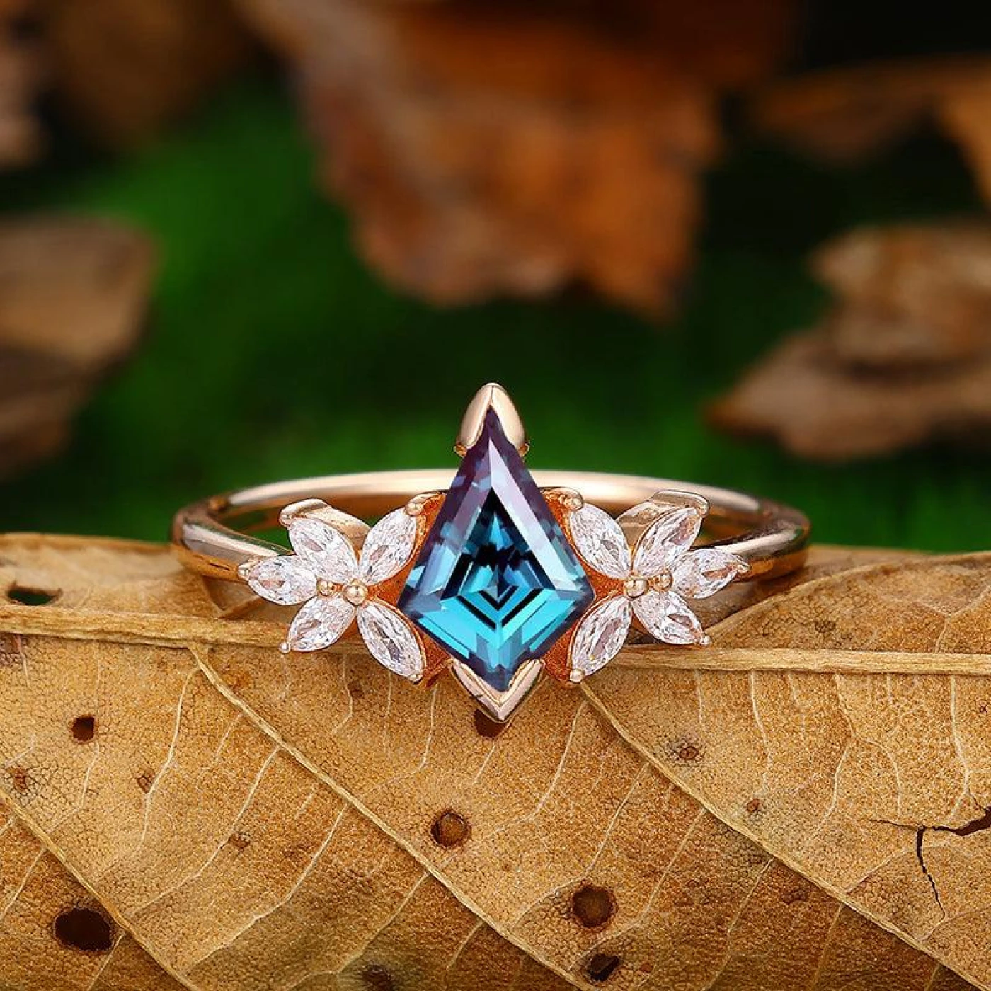 1.35 CT Kite Cut Cluster Rose Gold Floral Engagement Ring