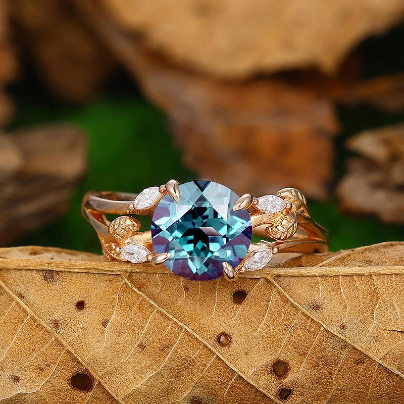 2 CT Round Cut Split Shank Gold Art Deco Leaf Promiae Anniversary Gift Ring