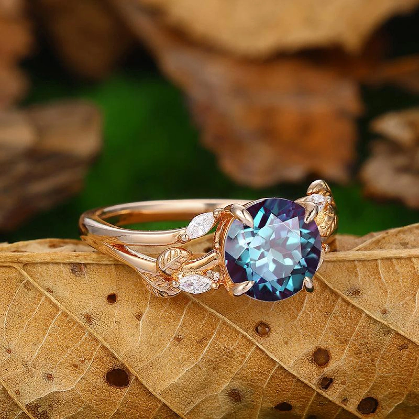 2 CT Round Cut Split Shank Gold Art Deco Leaf Alexandrite Promiae Anniversary Gift Ring - view 3