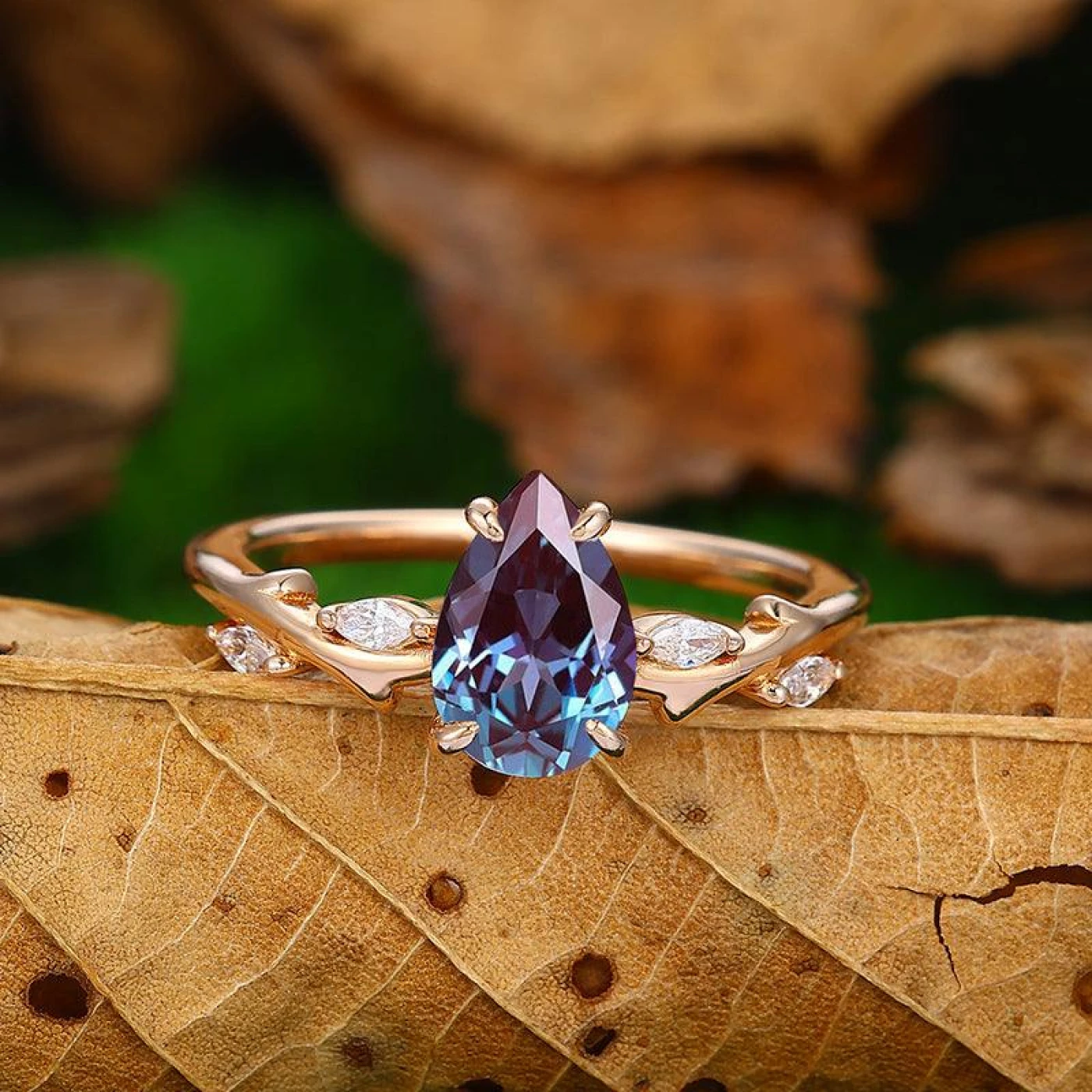 1.5 CT Pear Cut 18k Rose Gold Leaf Twig Bridal Anniversary Ring
