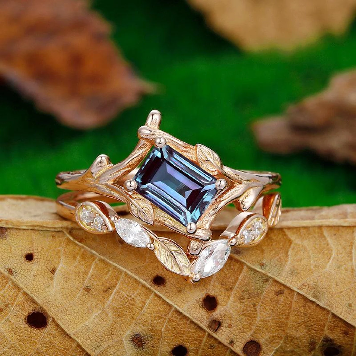 1 CT Emerald Cut Alexandrite Engagement Ring Unique Bezal Set