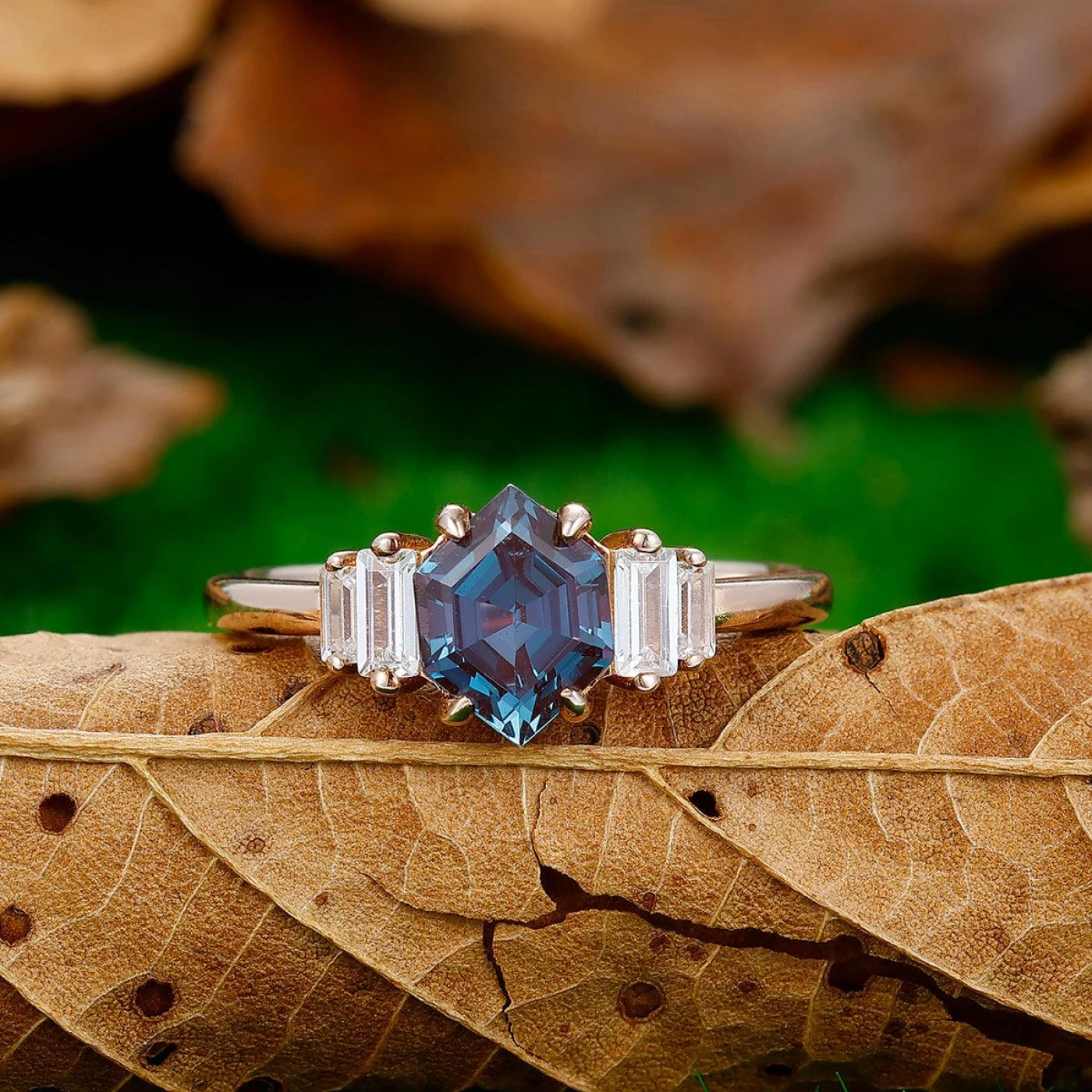 1.55CT Long Hexagon Cut Engagement Ring Moissanite Inlaid Women Ring