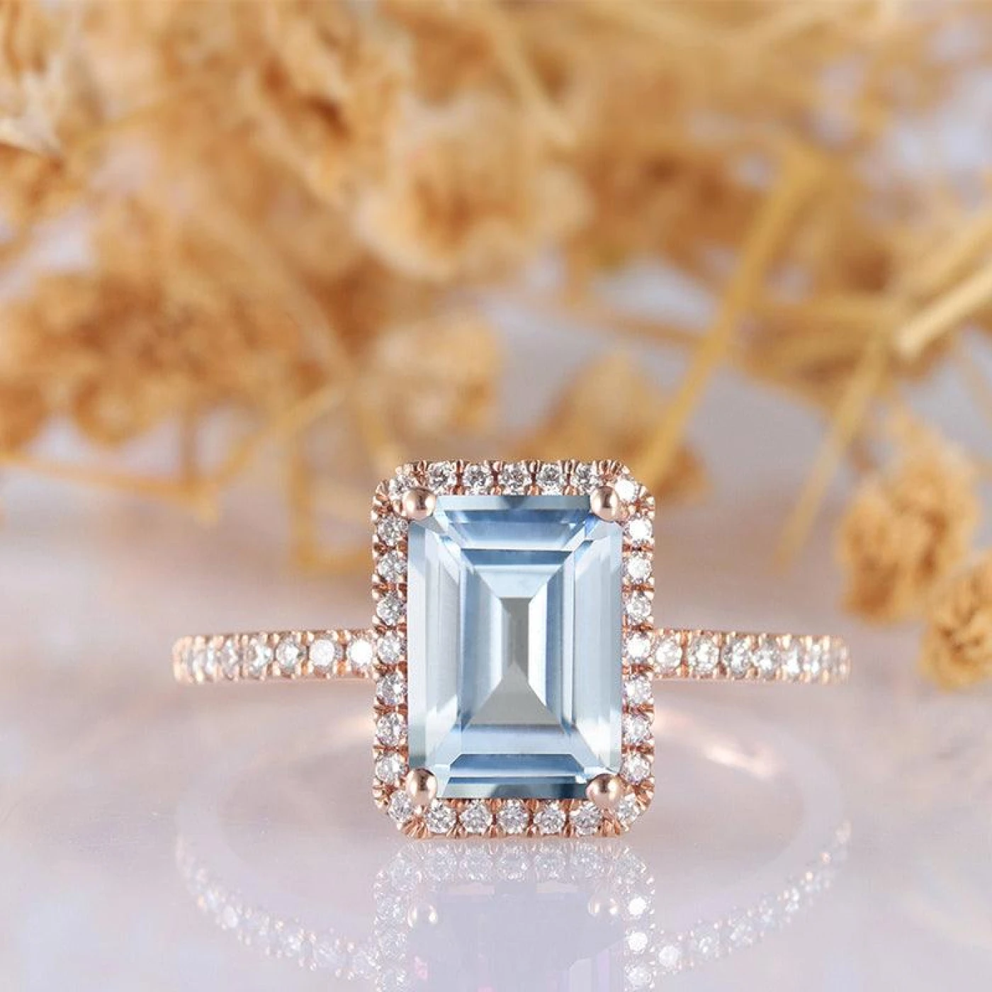 Halo Emerald Cut Natural 14k Rose Gold Half Eternity Anniversary Ring