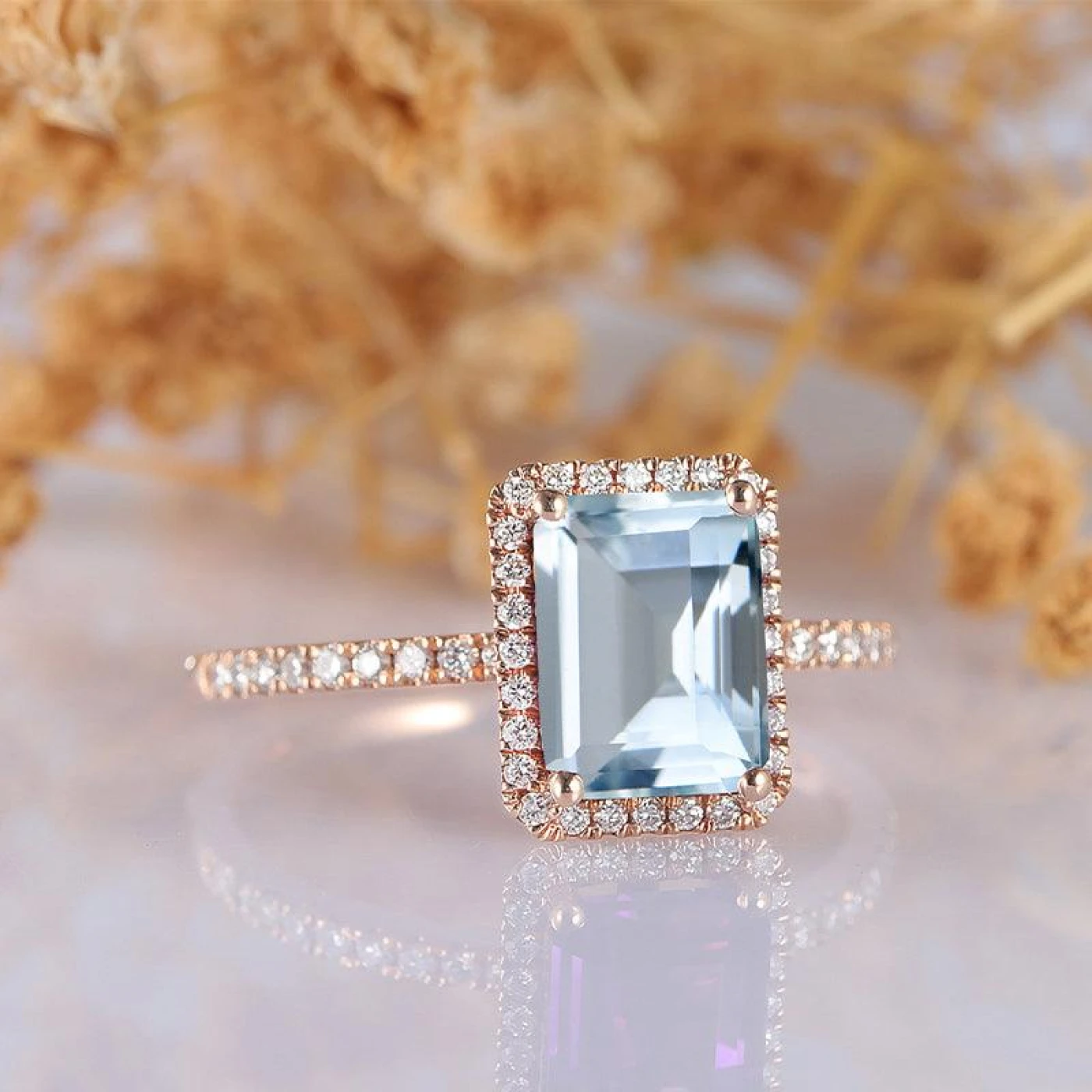 Halo Emerald Cut Natural Aquamarine 14k Rose Gold Half Eternity Anniversary Ring - view 2