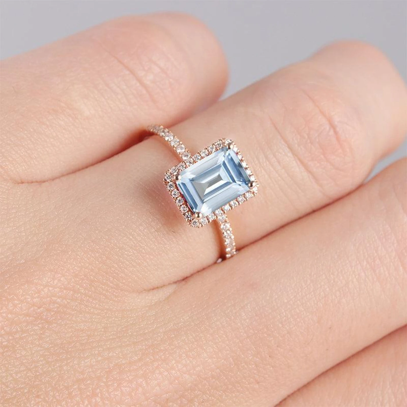 Halo Emerald Cut Natural Aquamarine 14k Rose Gold Half Eternity Anniversary Ring - view 4