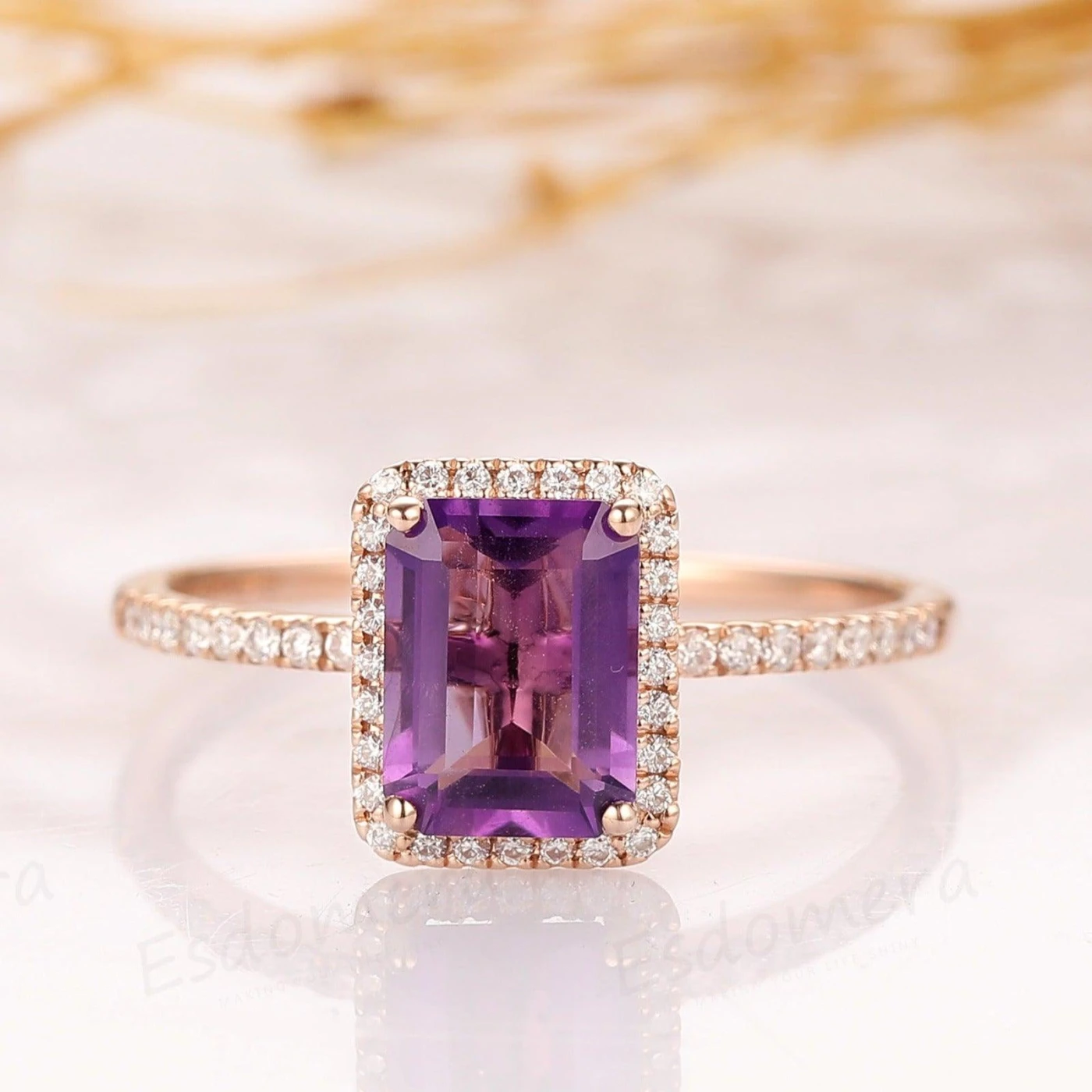 Emerald Cut 1.5CT Natural Amethyst Rose Gold Promise Ring