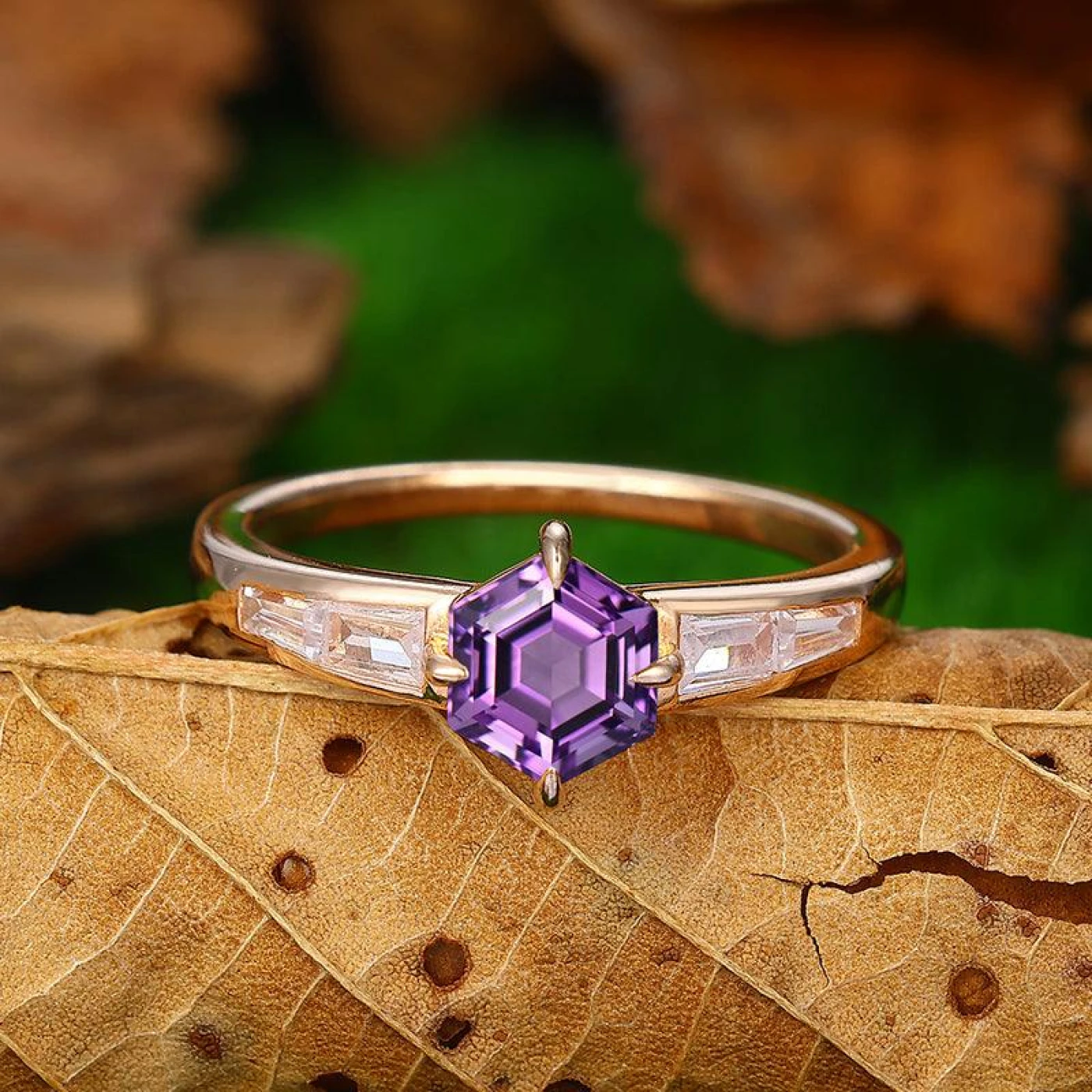 Unique Hexagon Cut Sterling Silver Natural Engagement Ring February Birthstone