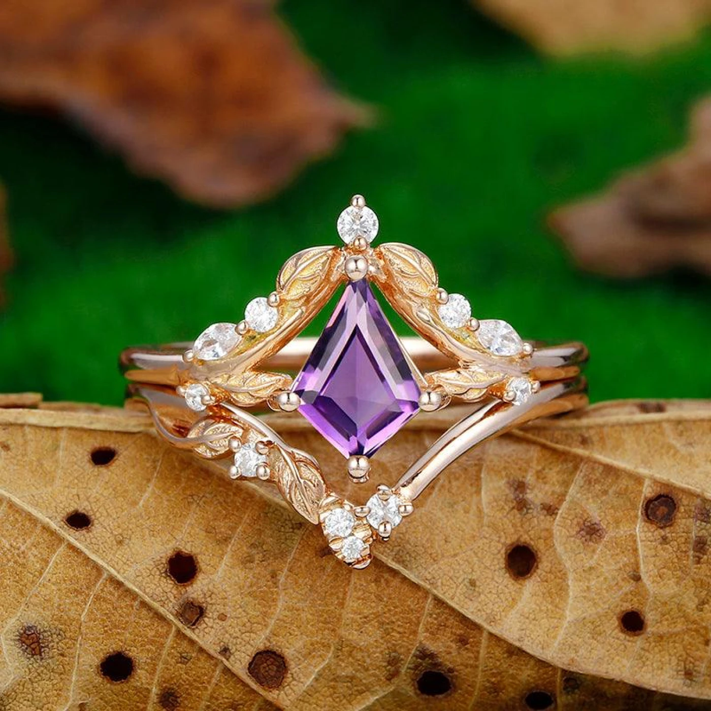 2 CT Crown Shank Kite Cut Natural Amethyst Sliver Leaf Ring