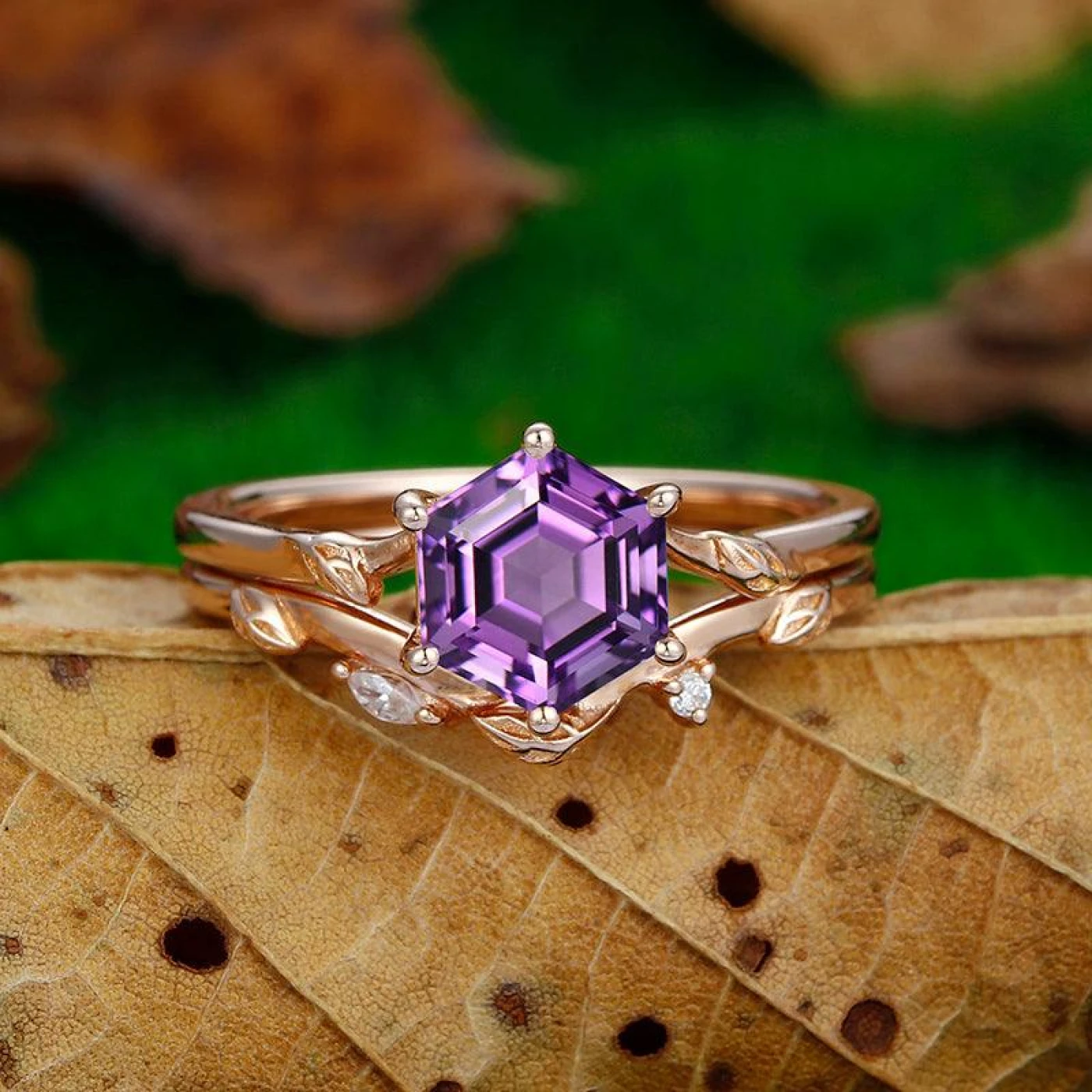 1.35 CT Hexagon Cut 18k Rose Gold Art Deco Leaf Natural Amethyst Ring