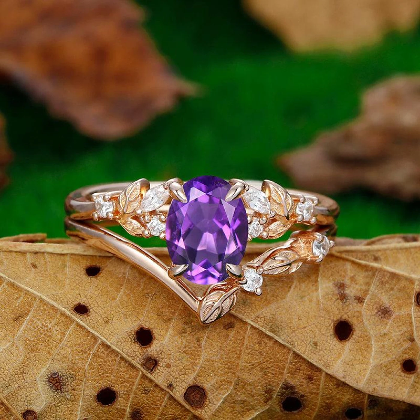 14k Rose Gold Oval Cut Cluster leaf Stackable Natural Engagement Ring Set
