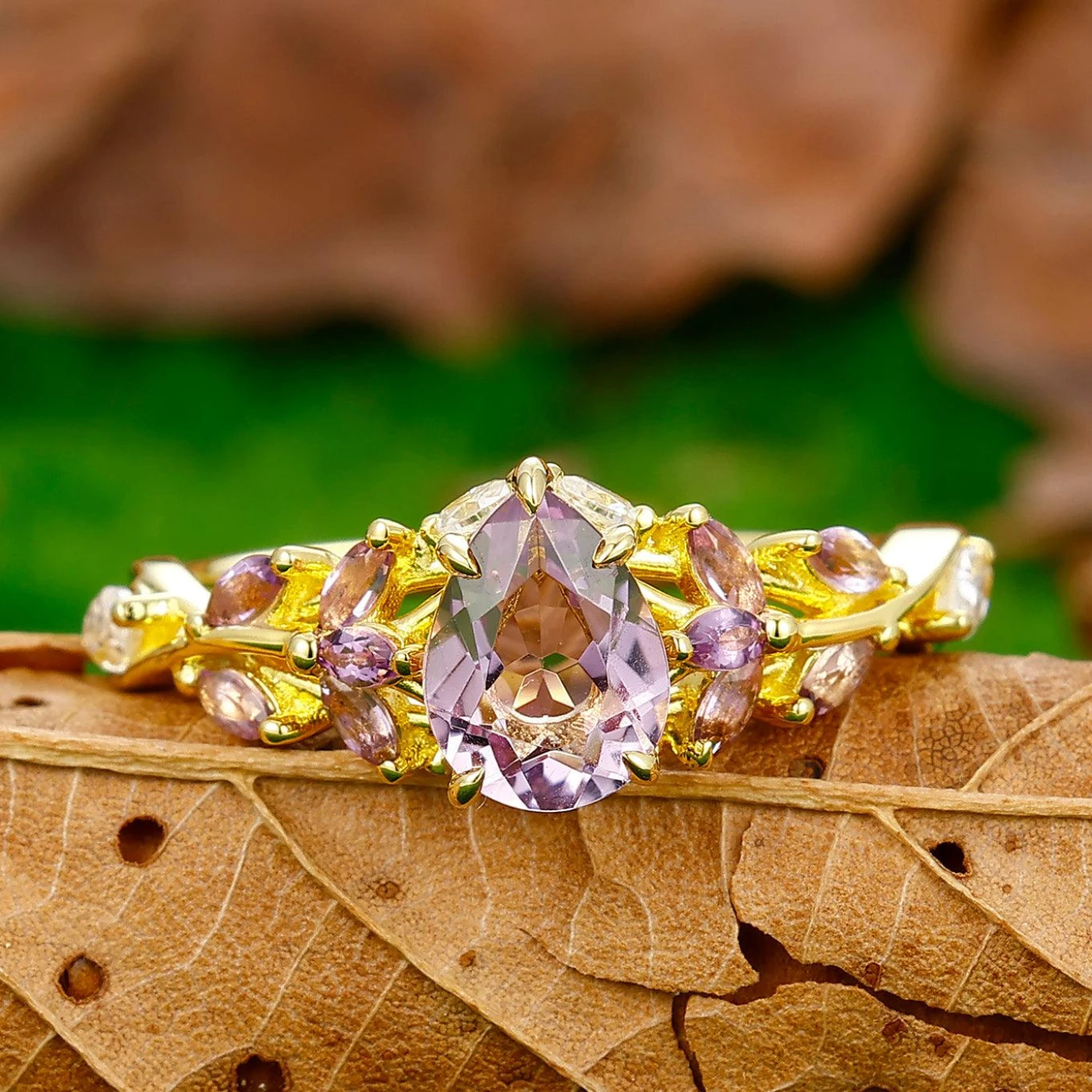 Art Deco 1.3CT Pear Cut Natural Lavender Leaf Engagement Ring