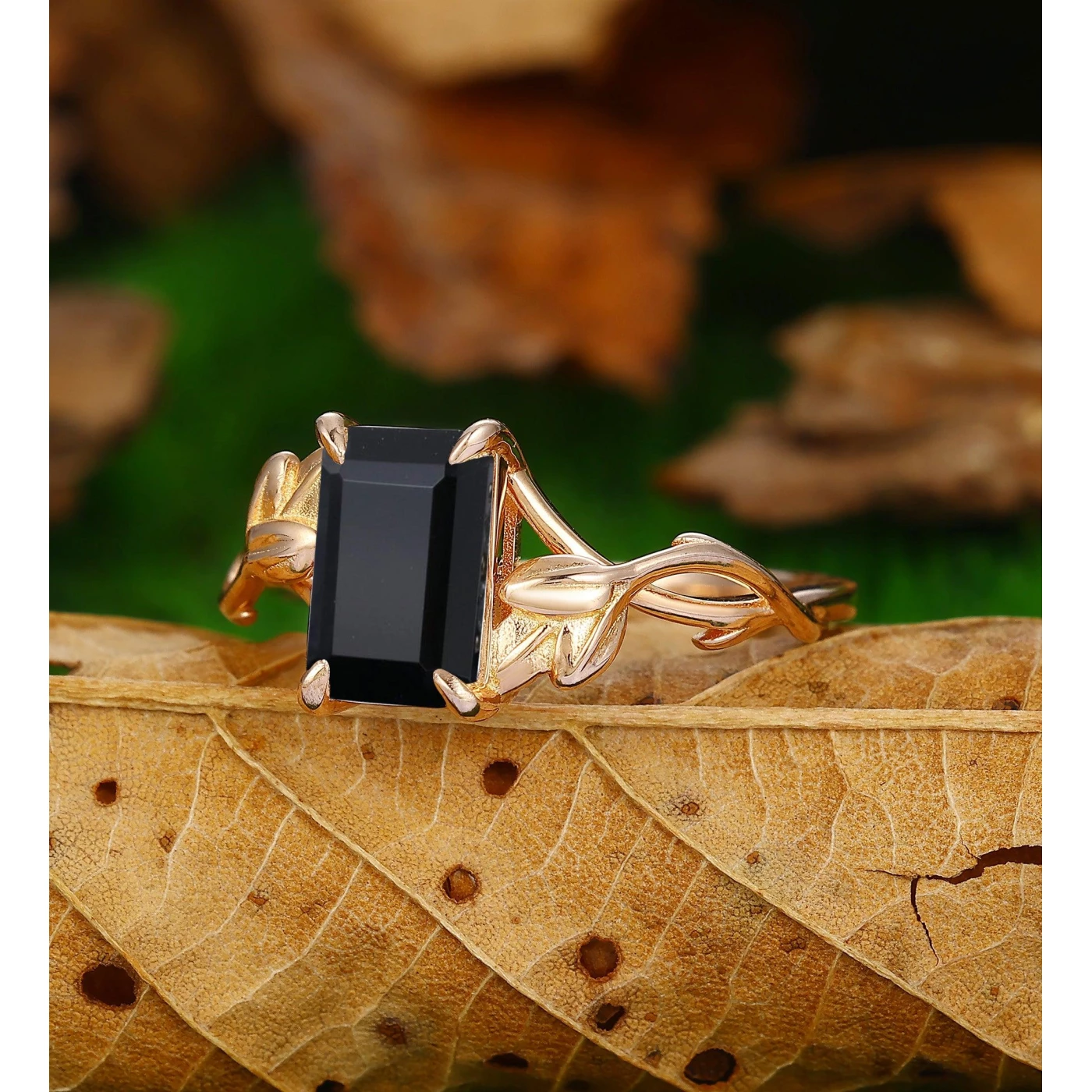 Twisted Leaf Vine Design 2.5 Carat Black Onyx Engagement Ring In 14k Rose Gold - view 2