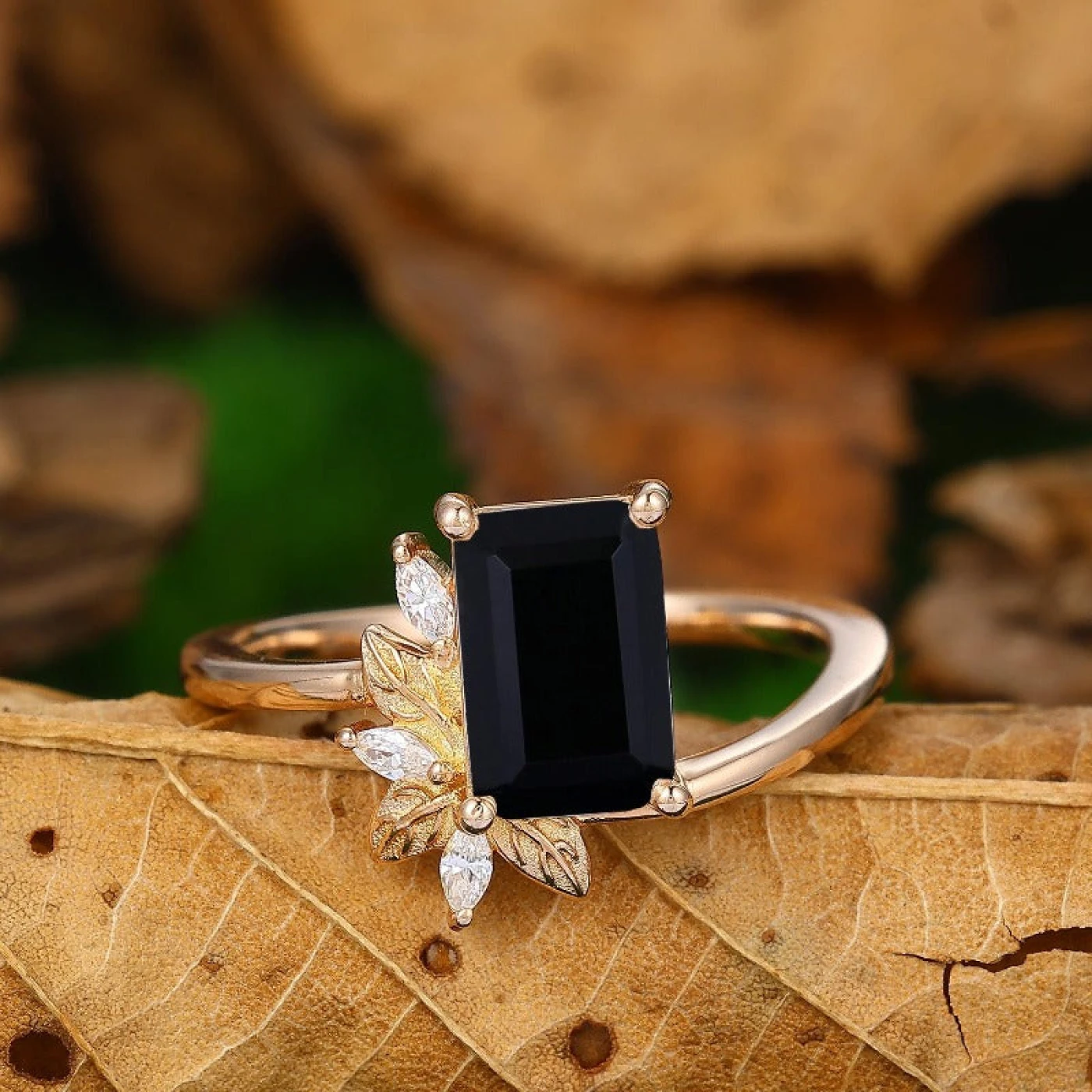 Emerald Cut Leaf Ring Art Deco Cluster Moissanite Ring
