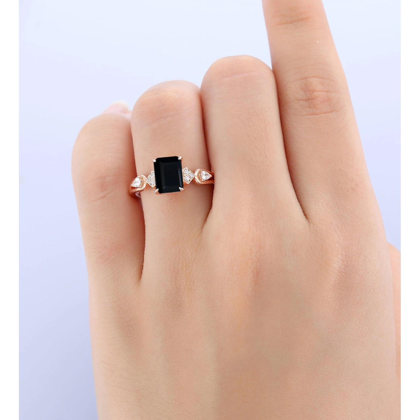 Emerald Cut Natural Black Onyx 14k Rose Gold Unique Engagement Ring - view 5