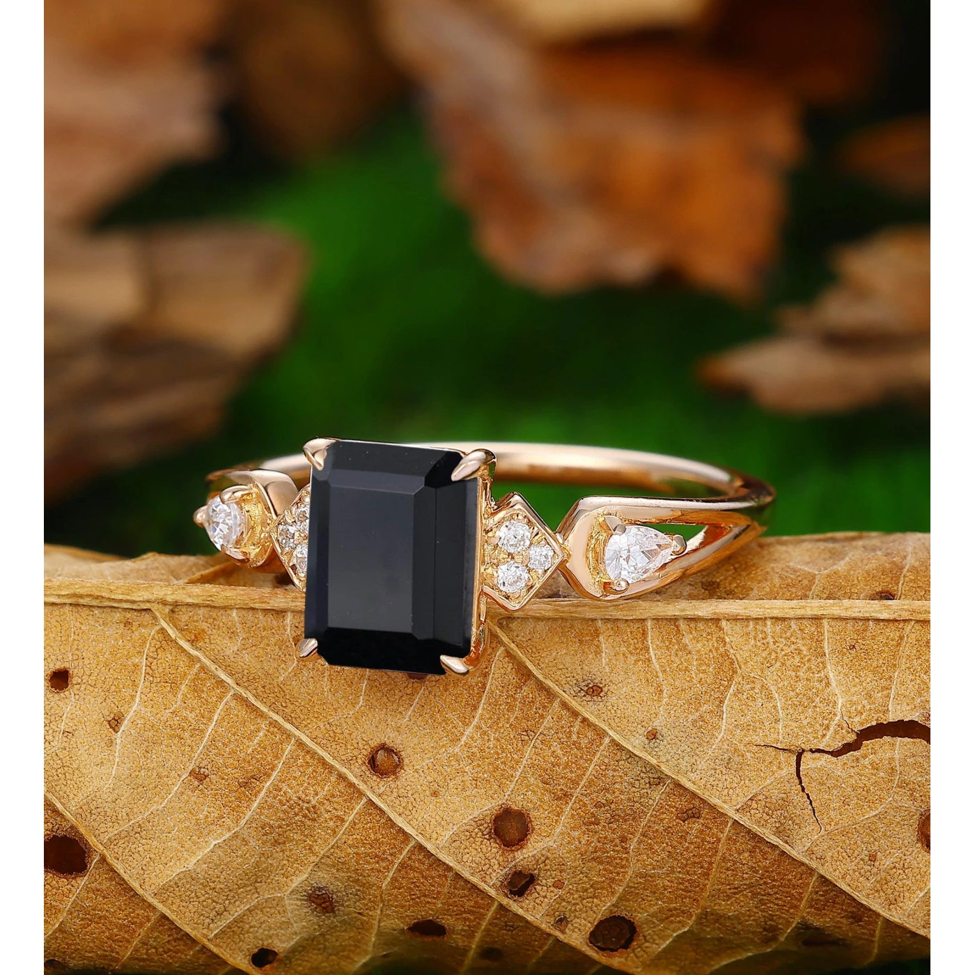 Emerald Cut Natural Black Onyx 14k Rose Gold Unique Engagement Ring - view 2