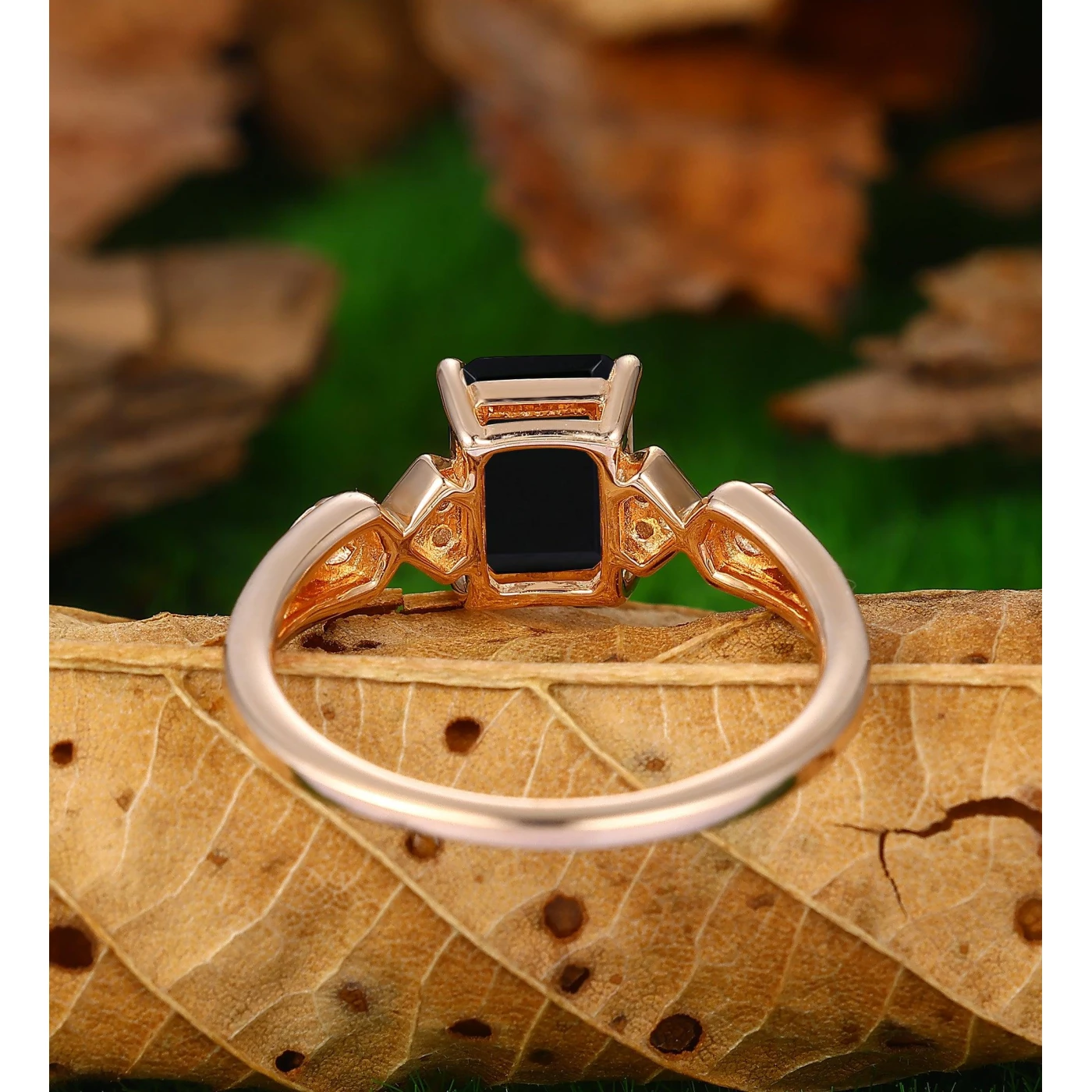 Emerald Cut Natural Black Onyx 14k Rose Gold Unique Engagement Ring - view 4