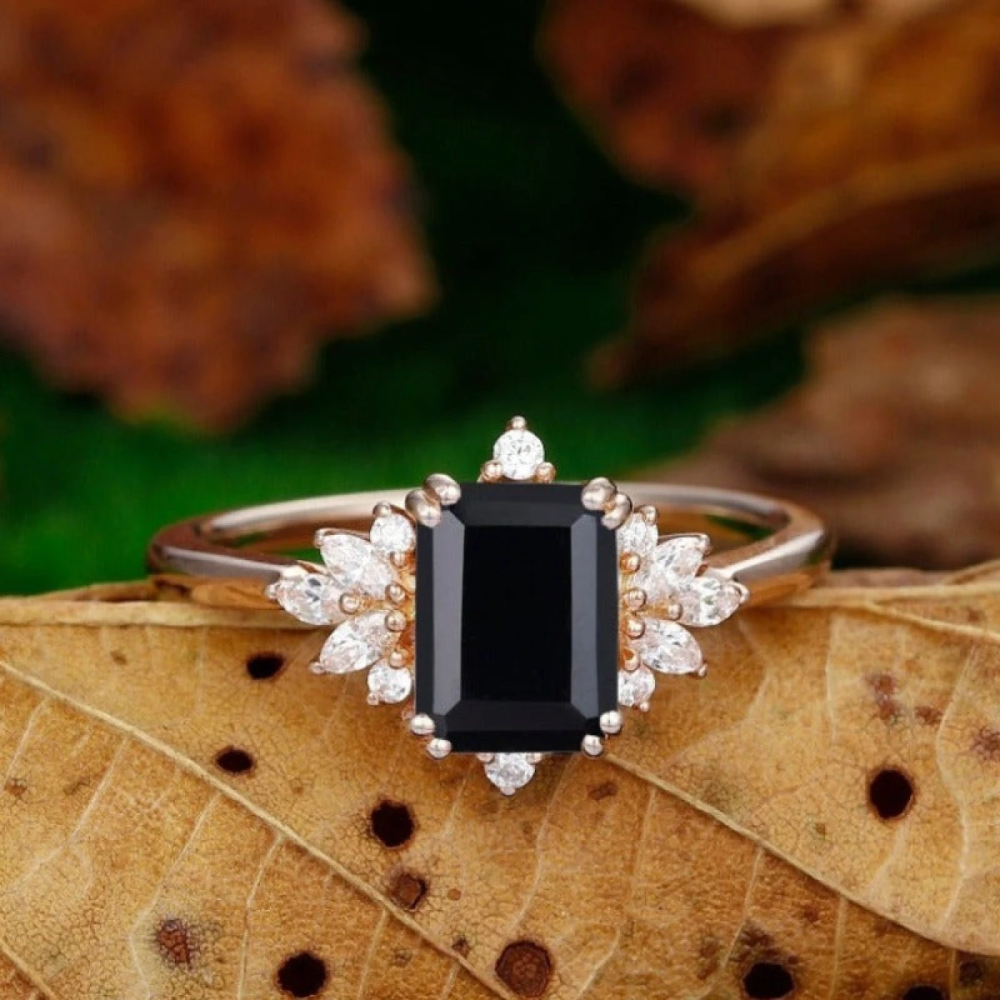 Floral Cluster 2CT Natural Black Onyx Art Deco Emerald Cut Black Gemstone
