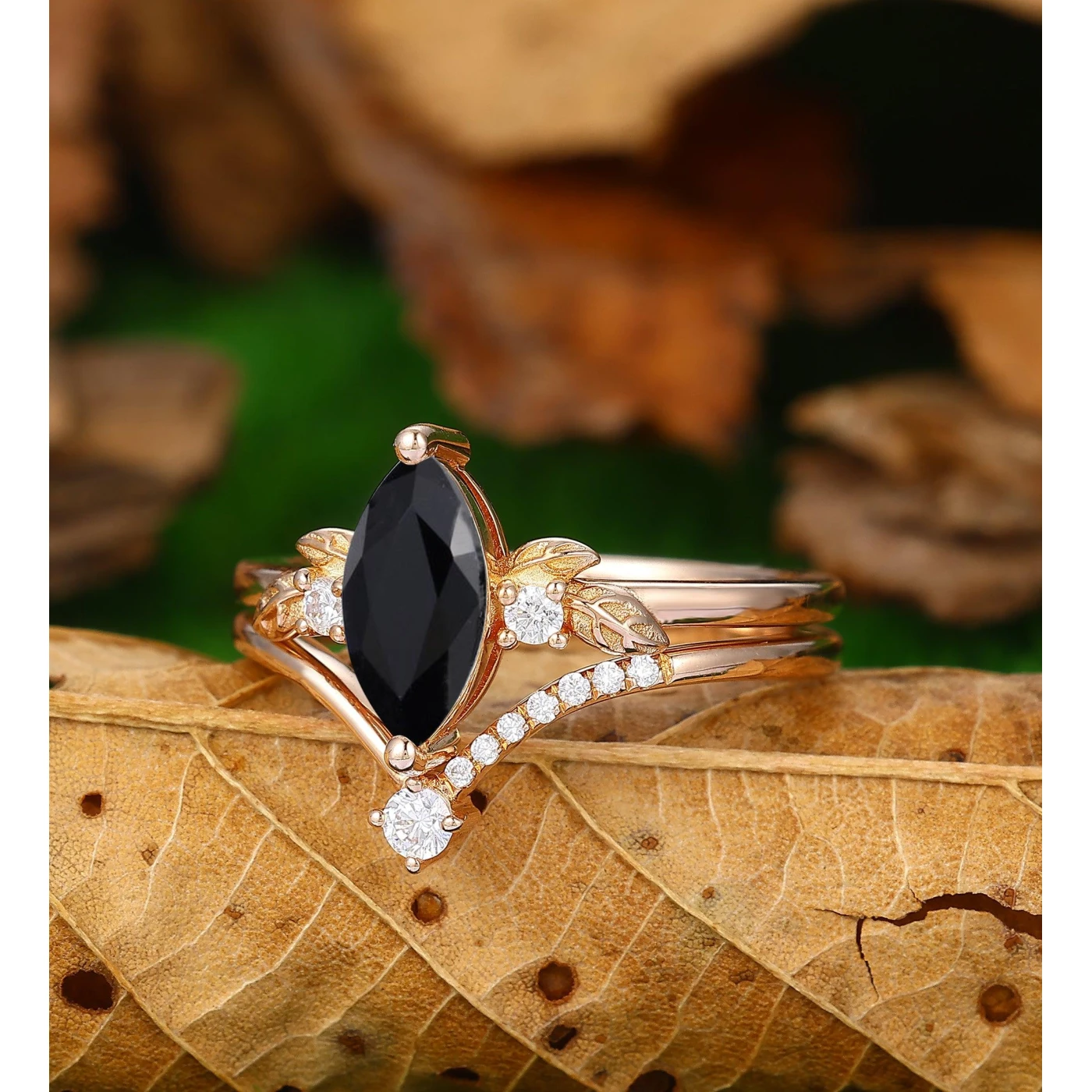 Unique Marquise Black Onyx Leaf Ring Art Deco Black Gemstone Wedding Band Bridal Set - view 2