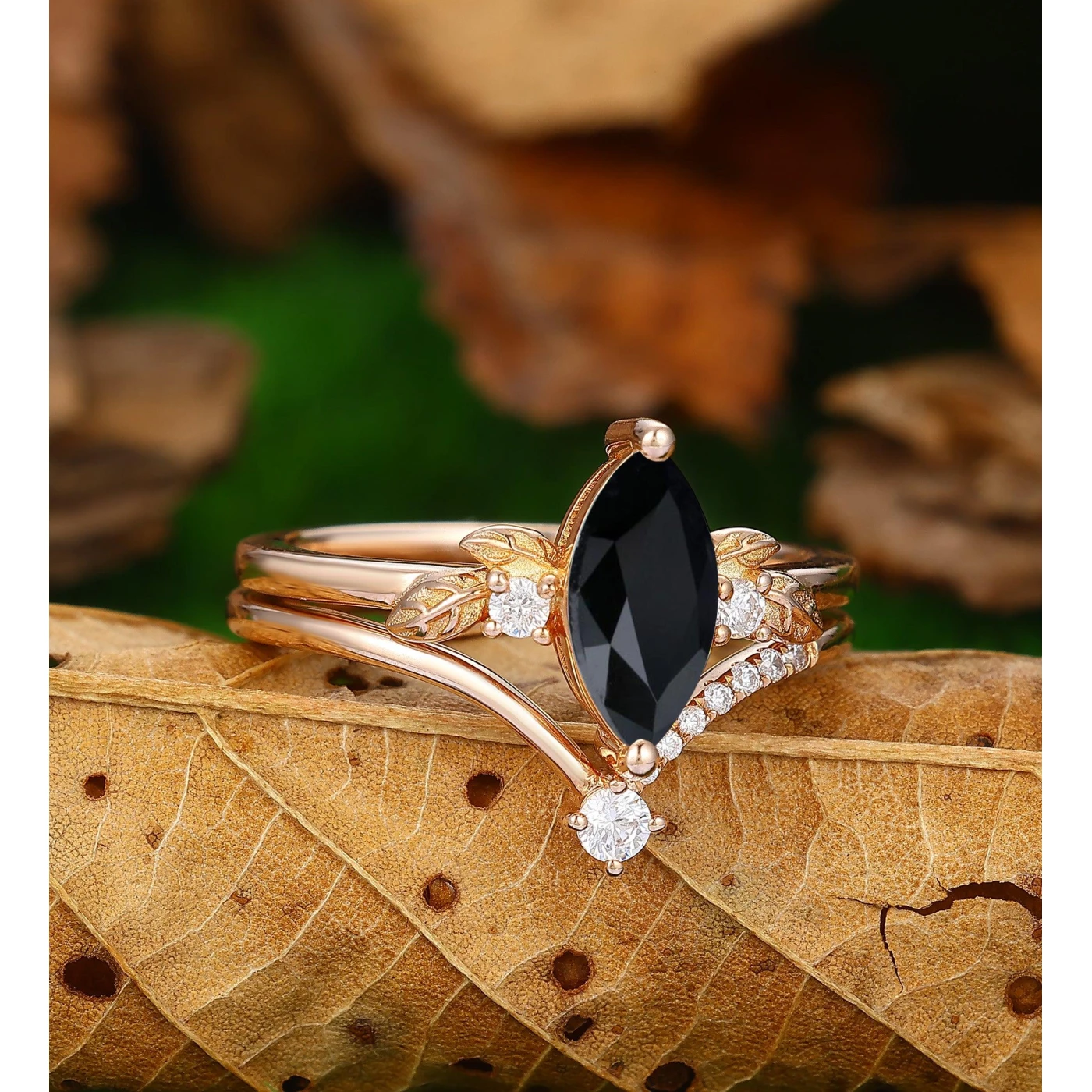 Unique Marquise Black Onyx Leaf Ring Art Deco Black Gemstone Wedding Band Bridal Set - view 3