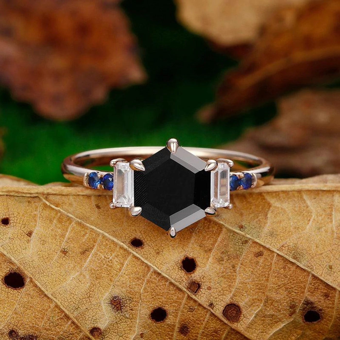 Vintage Hexagon Cut Natural Black Onyx with Sapphire Sterling Sliver