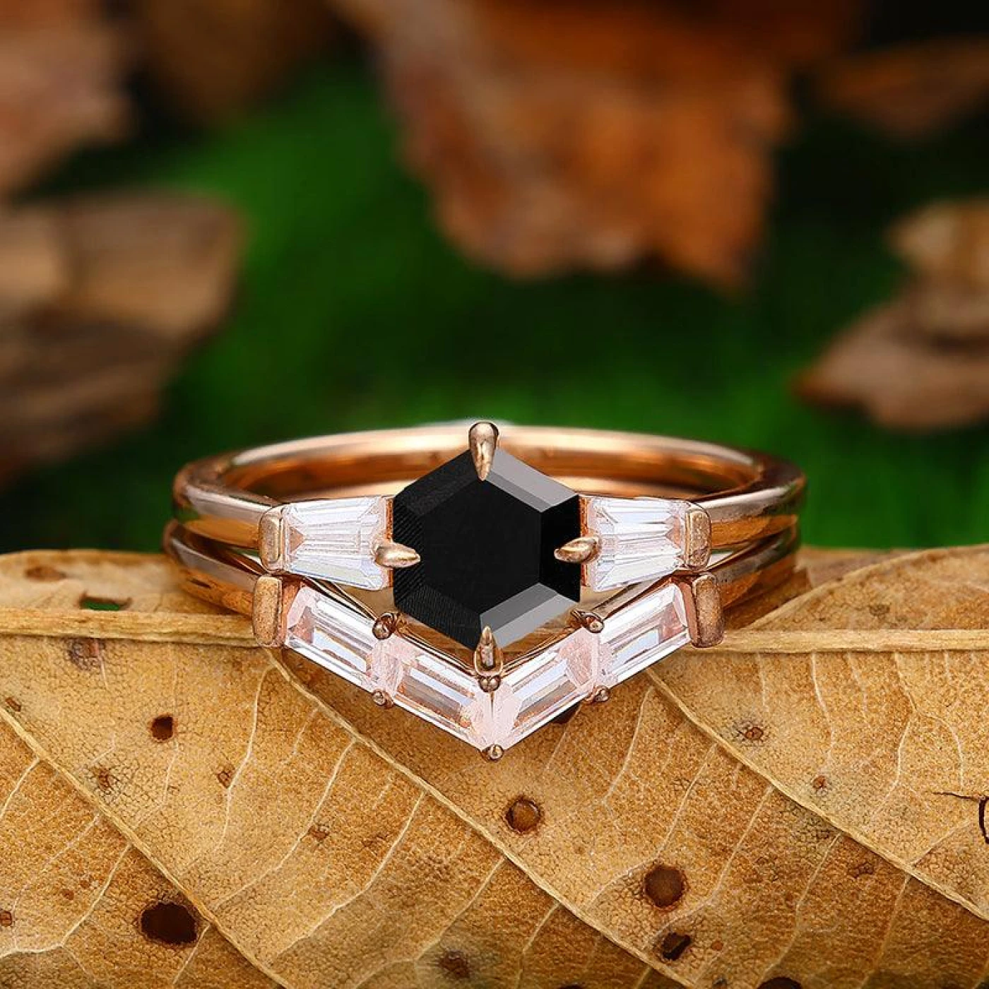 Vintage 14k Rose Gold Natural Black Onyx 3 Stones Engagement Ring Set