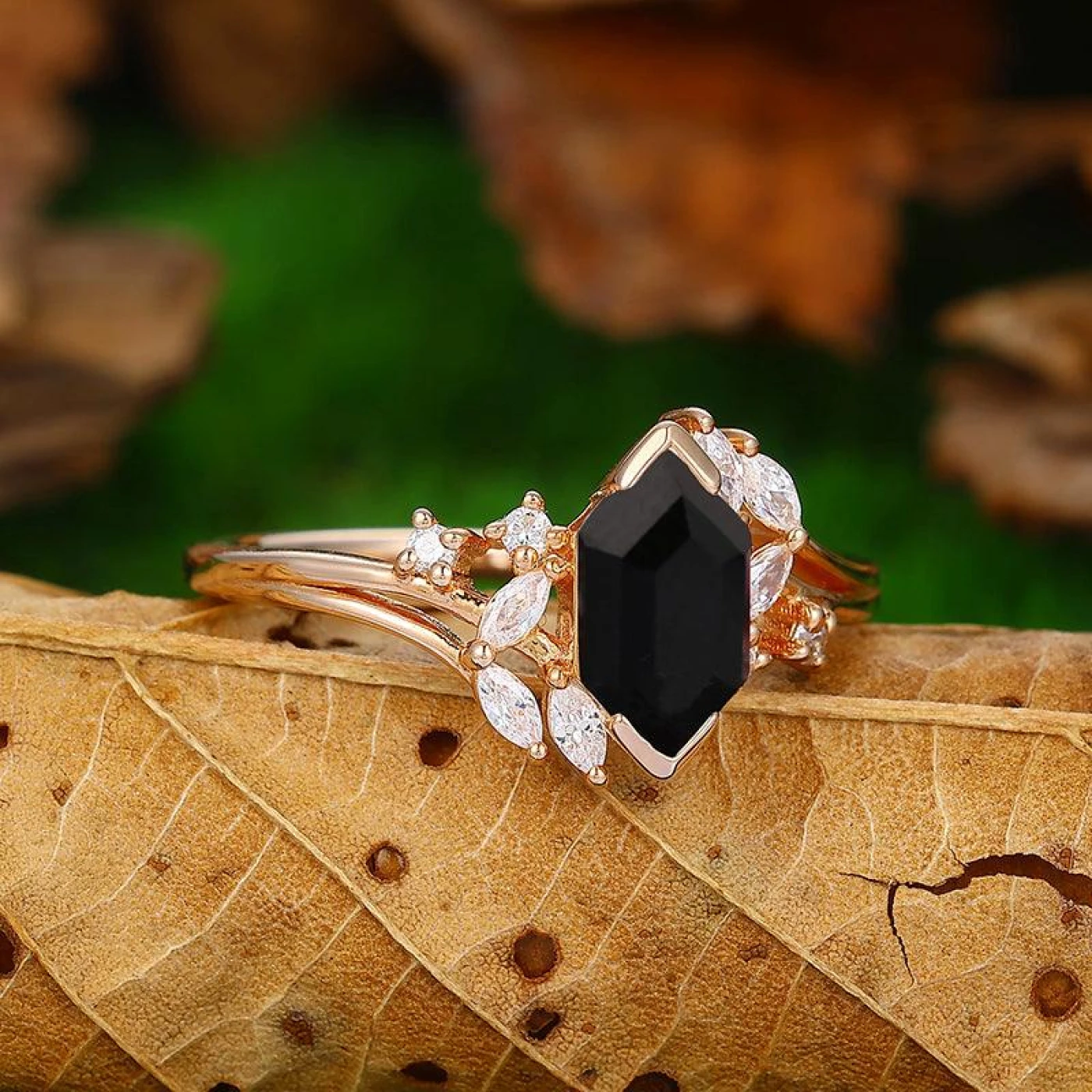Split Shank 1.1 CT Hexagon Cut Black Onyx Gold Cluster Ring - view 2