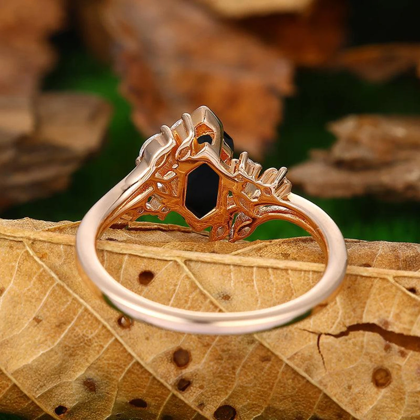 Split Shank 1.1 CT Hexagon Cut Black Onyx Gold Cluster Ring - view 4