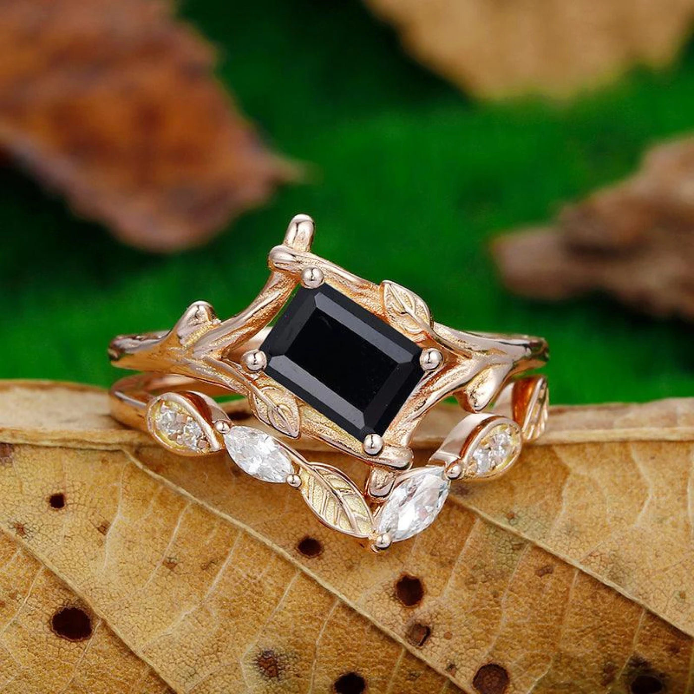 Antique 1 CT Emerald Cut Natural Black Onyx Leaf Vines Bezel Set Rose Ring Set