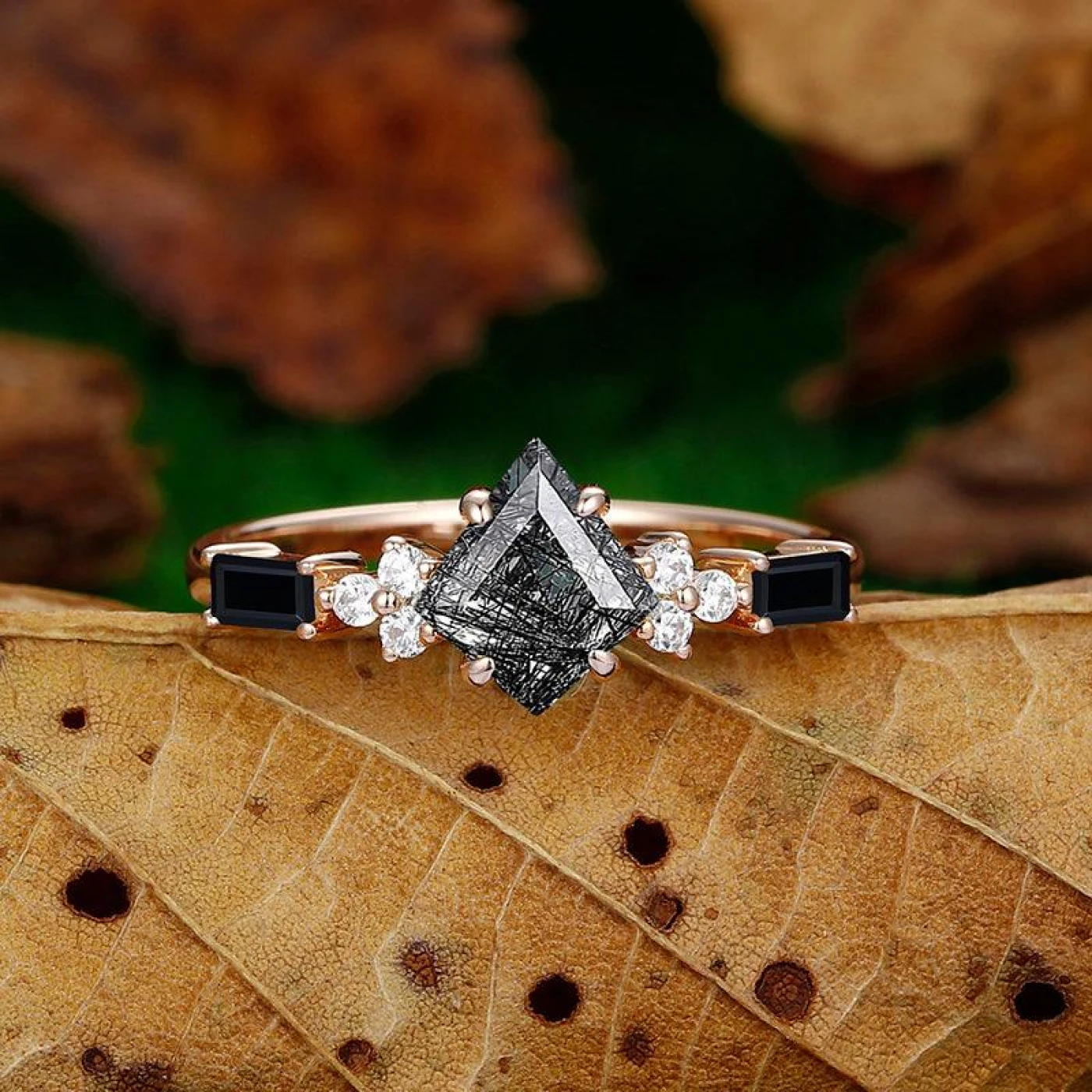 Natural Kite Cut Unique Emerald Black Agate Cluster diamond Ring