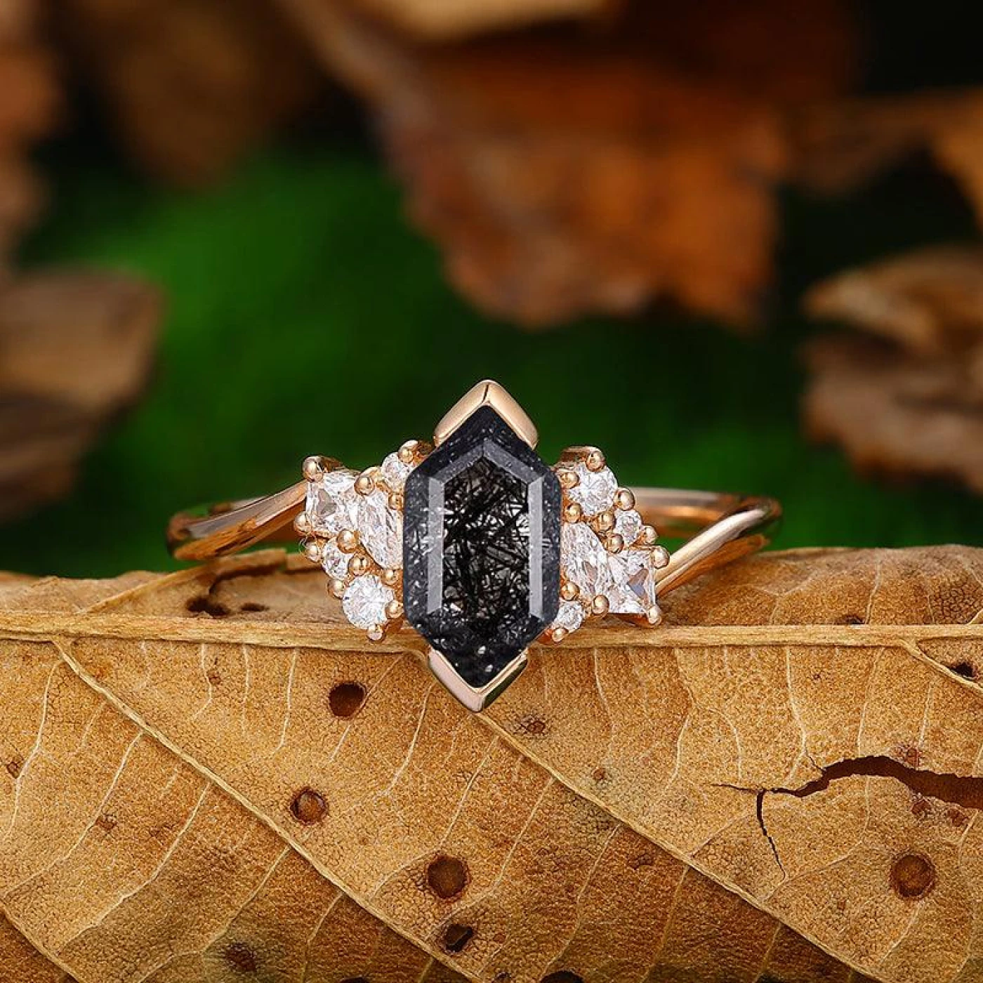 14k Gold Twisted Art Deco Natural Black Rutilated Quartz Engagement Ring