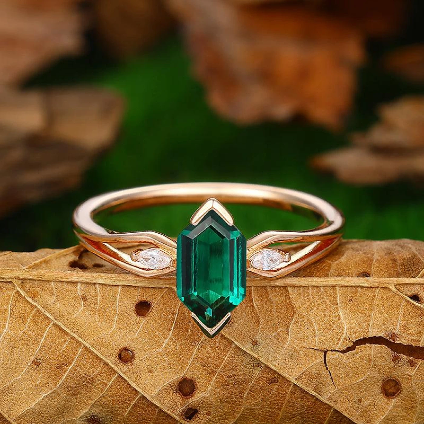 Split Shank 1.1 CT Long Hexagon Cut 18k Gold Engagement Ring