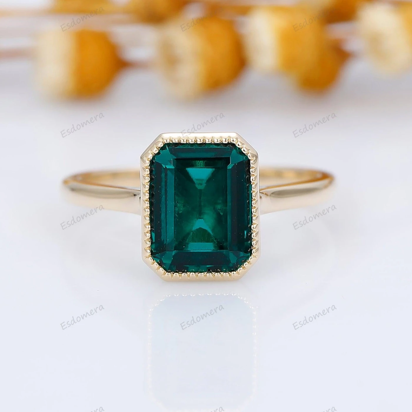 Milgrain Bezel Set 3CT Emerald Cut Green Emerald Engagement Ring