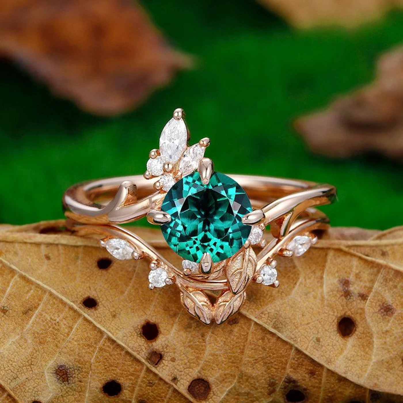 Vintage Round Cut 14k Rose Gold Art Deco Leaf Vines Emerald Engagement Ring Set