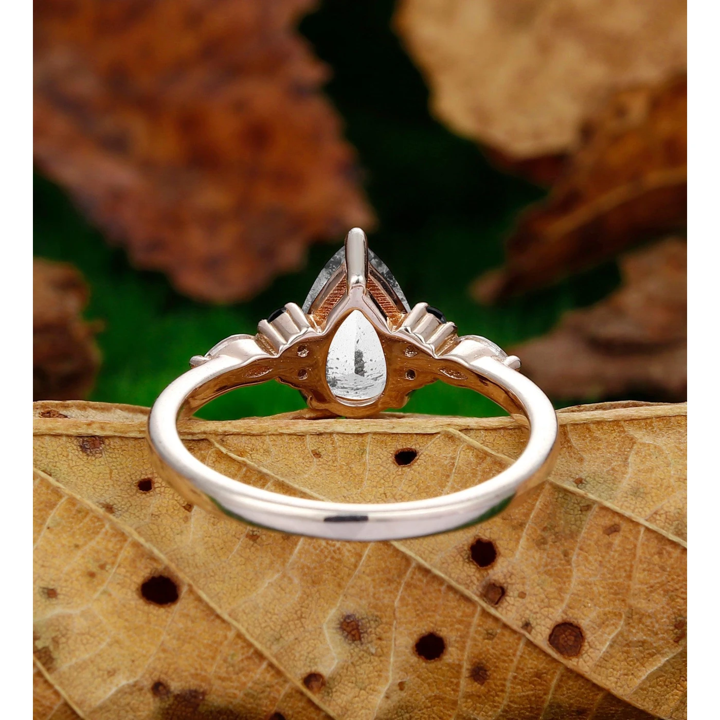 Pear Shaped 1.5CT Herkimer Diamond Rose Gold 7 Stone Black Onyx Bridal Wedding Ring - view 4