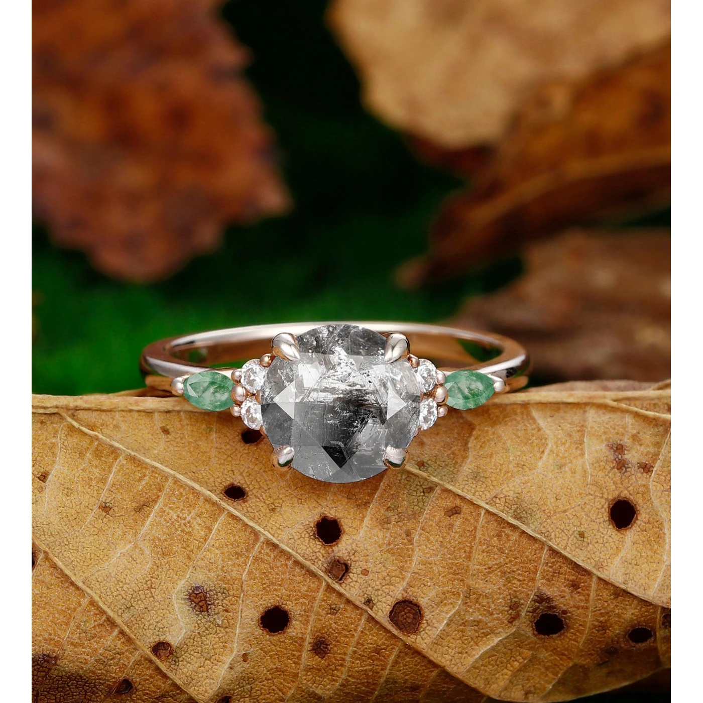 Dainty Round Cut 2CT Herkimer Diamond Rose Gold Unique Moss Agate Wedding Ring