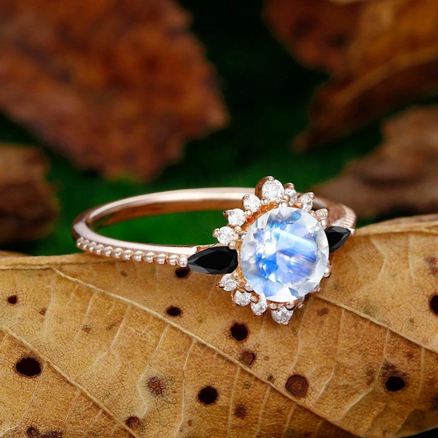 1.25CT Rose Gold Round Cut Halo Moonstone Milgrain Promise Ring Gift - view 2