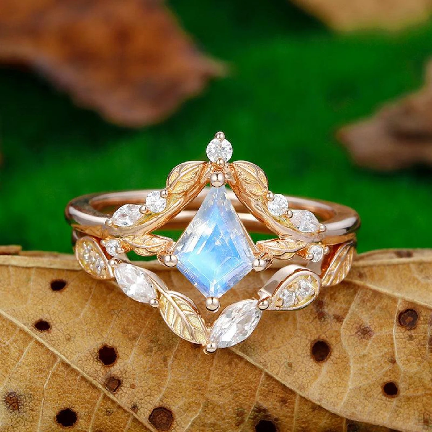 1.35 CT Kite Cut Gold Leaf Crown Shaped Moonstone Ring Art Deco Leaf Matching Band