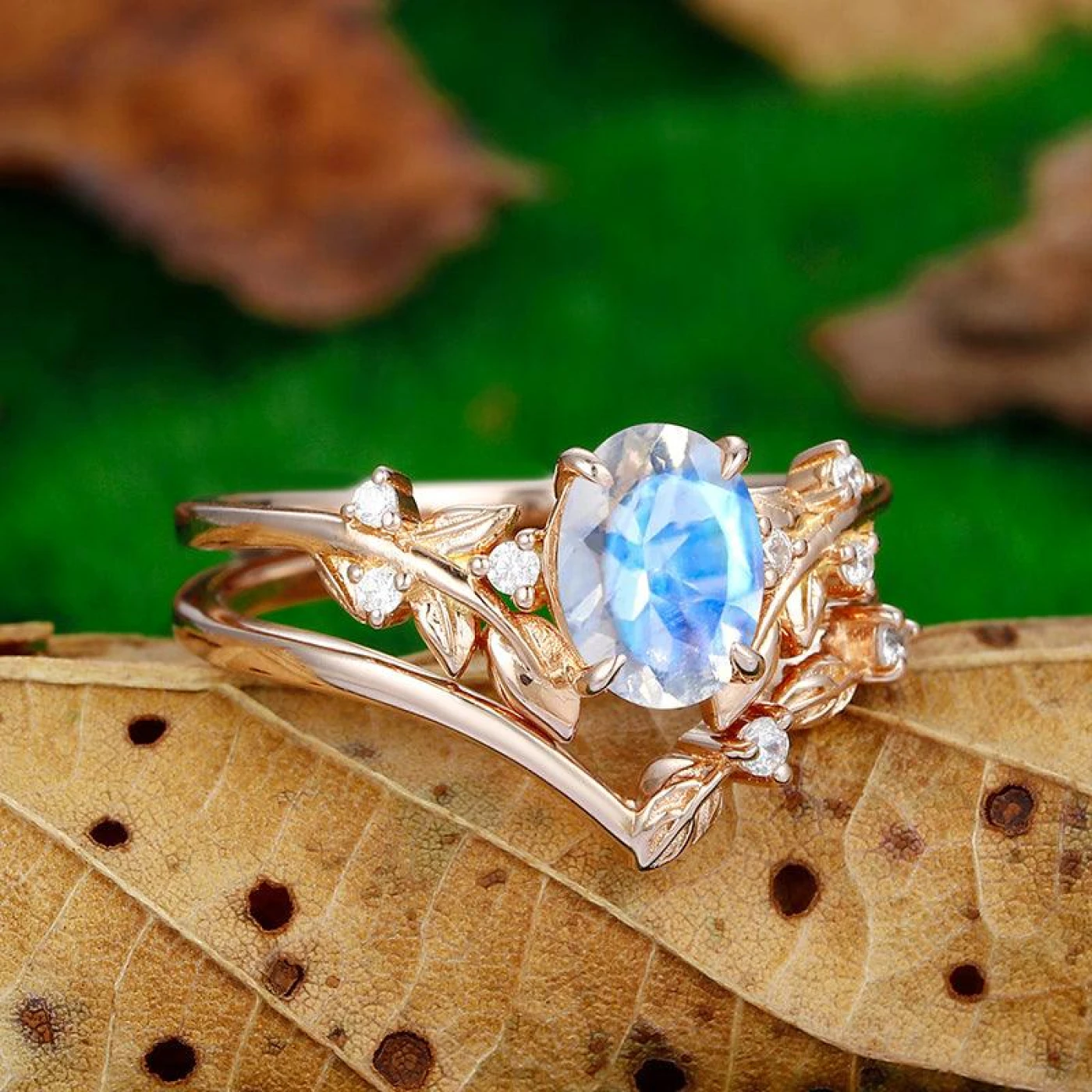 1.5 CT Oval Cut Nature Leaf Vines Art Deco Moonstone Gold Leaf Ring Set - view 2