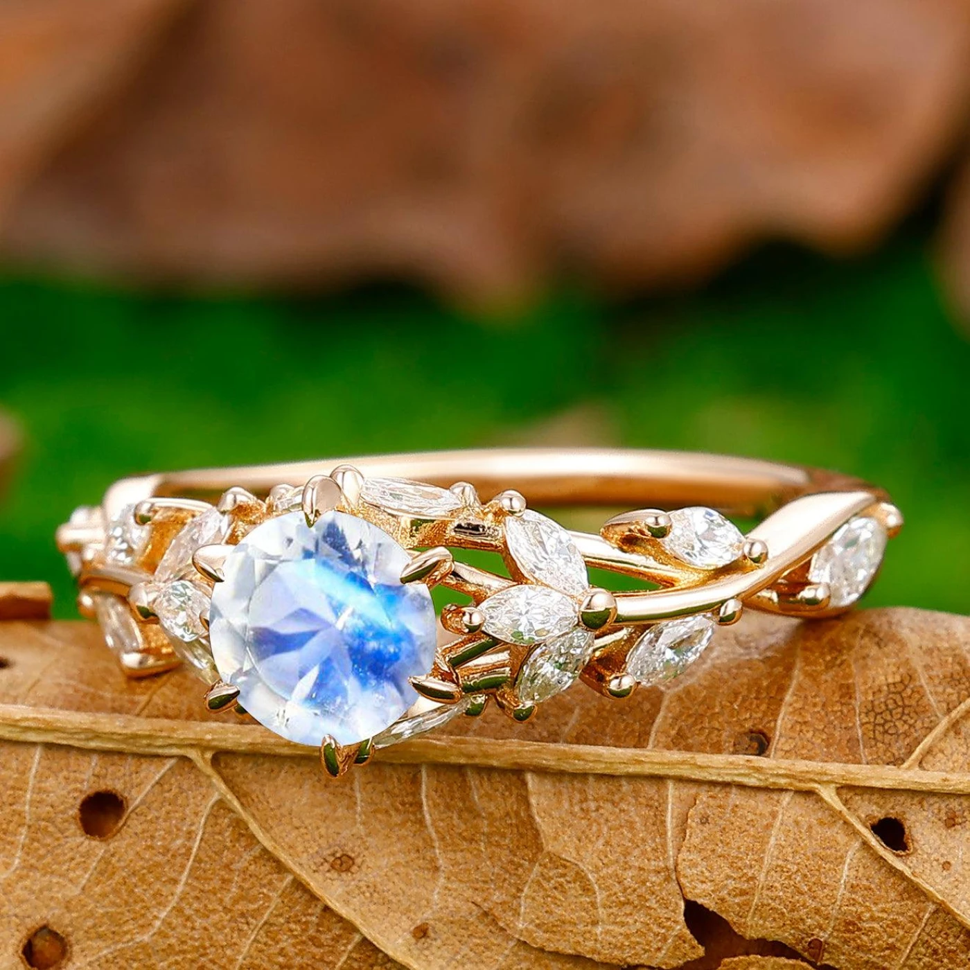 Classic Hollow Branches 0.8CT Round Cut Moonstone Engagement Ring Women Wedding Ring - view 2