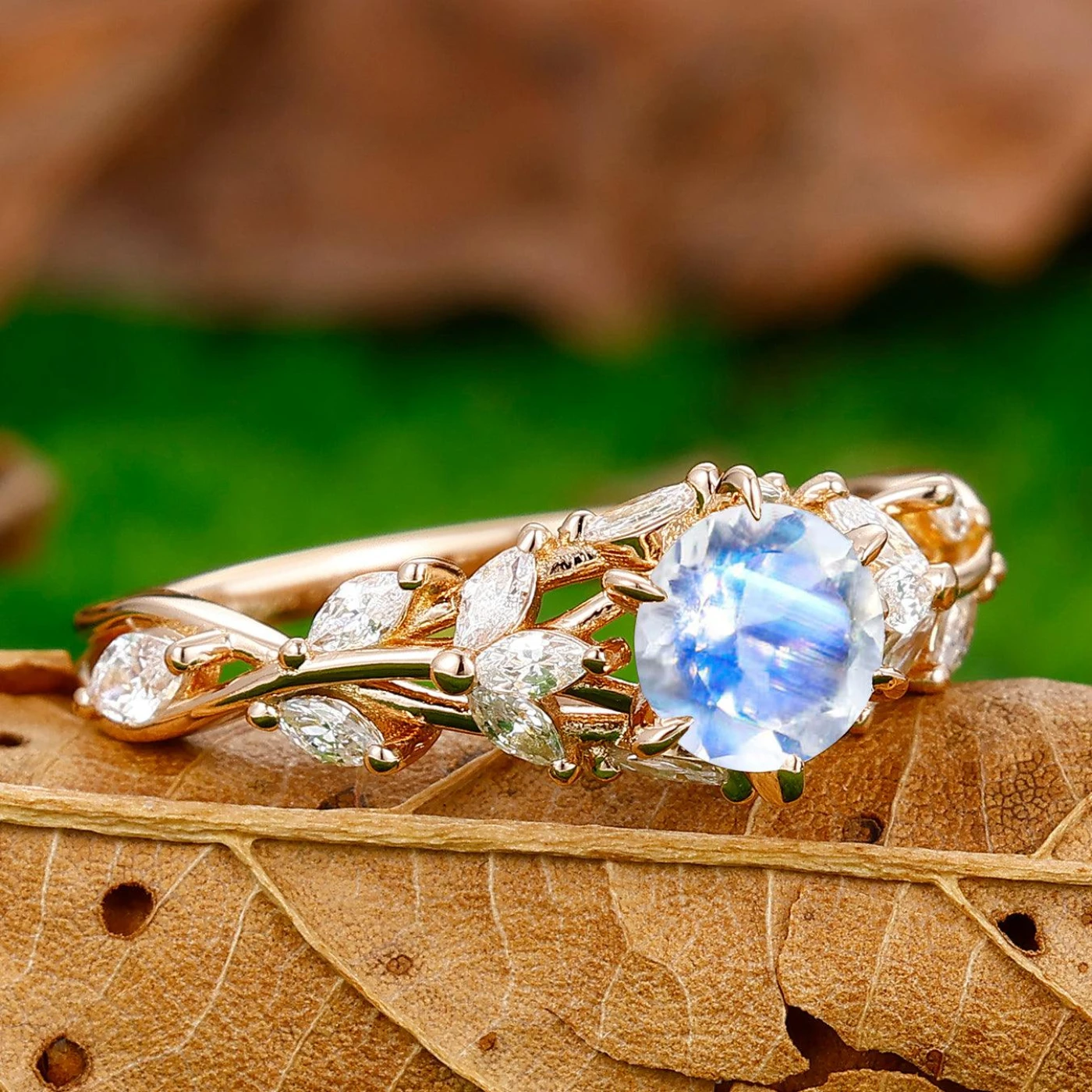 Classic Hollow Branches 0.8CT Round Cut Moonstone Engagement Ring Women Wedding Ring - view 3