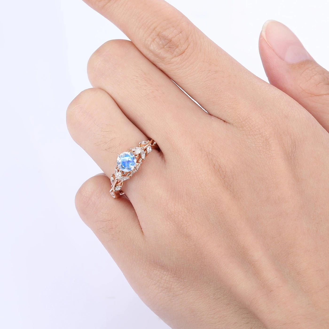 Classic Hollow Branches 0.8CT Round Cut Moonstone Engagement Ring Women Wedding Ring - view 6