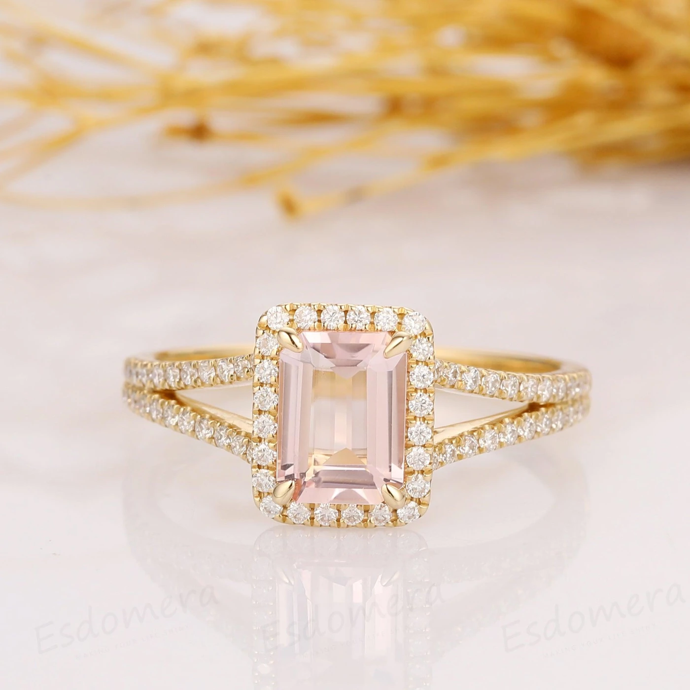 2.00CT Emerald Cut Morganite Engagement Ring, Halo Split Shanks Accents Ring