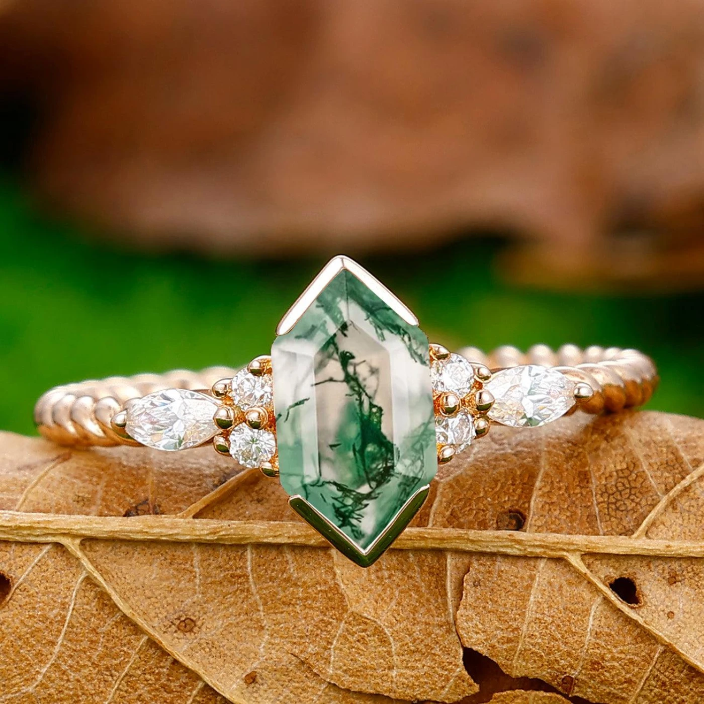 Classic Long Hexagon Cut Moss Agate Engagement Ring Unique Twisted Rope Ring