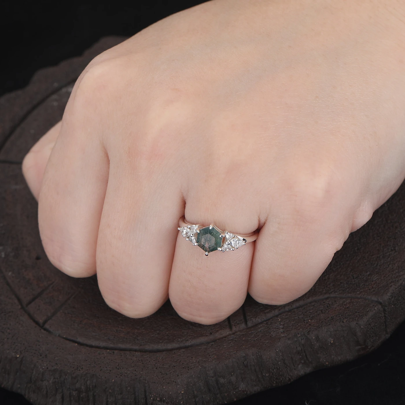 Retro Hexagon Cut Moss Agate Ring Triangle Moissanite Inlay Wedding Ring - view 5