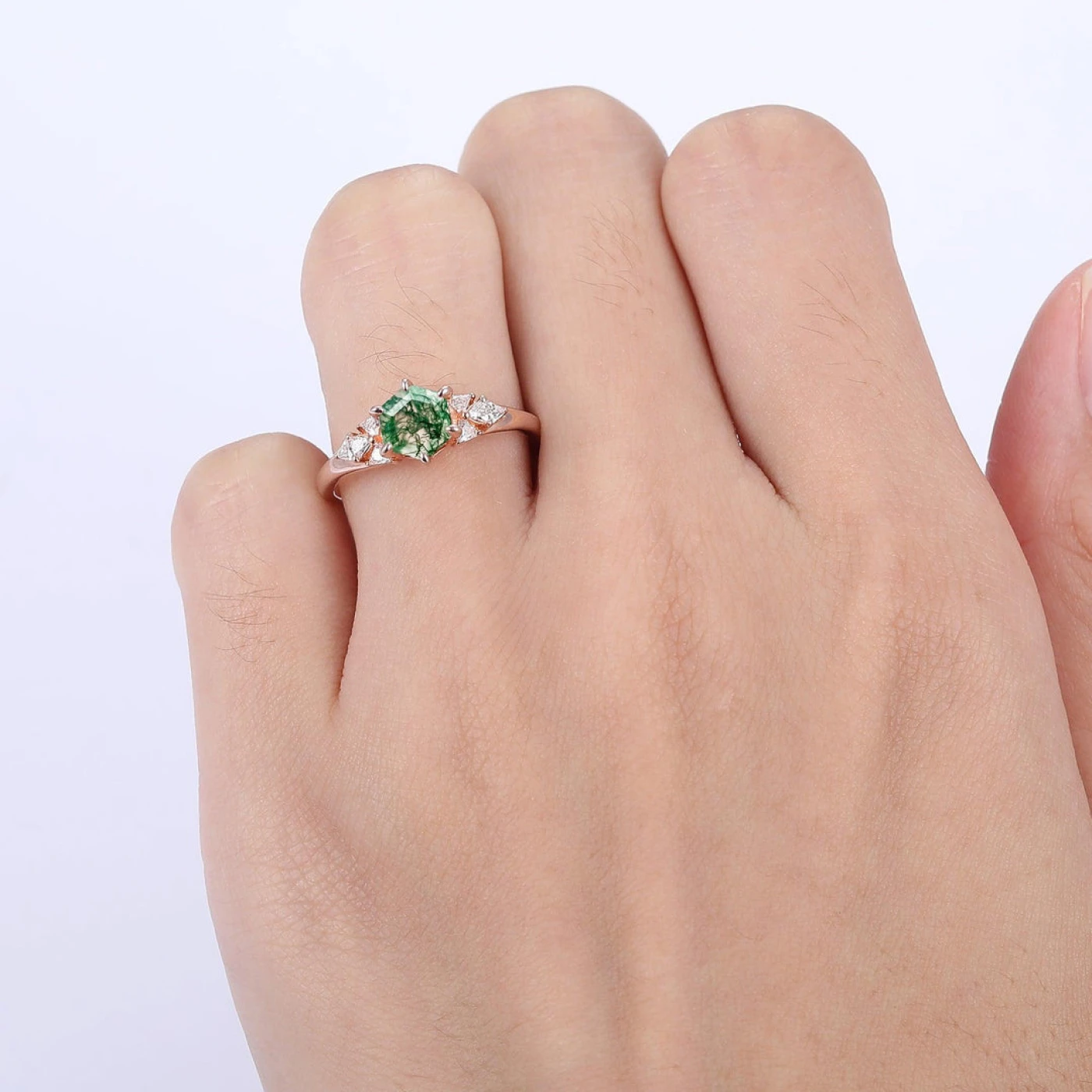 Retro Hexagon Cut Moss Agate Ring Triangle Moissanite Inlay Wedding Ring - view 6