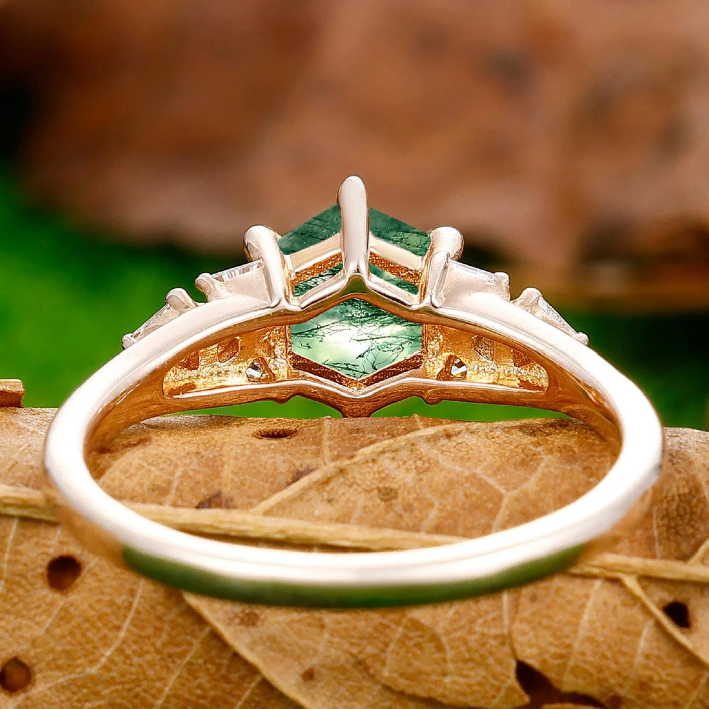 Retro Hexagon Cut Moss Agate Ring Triangle Moissanite Inlay Wedding Ring - view 4